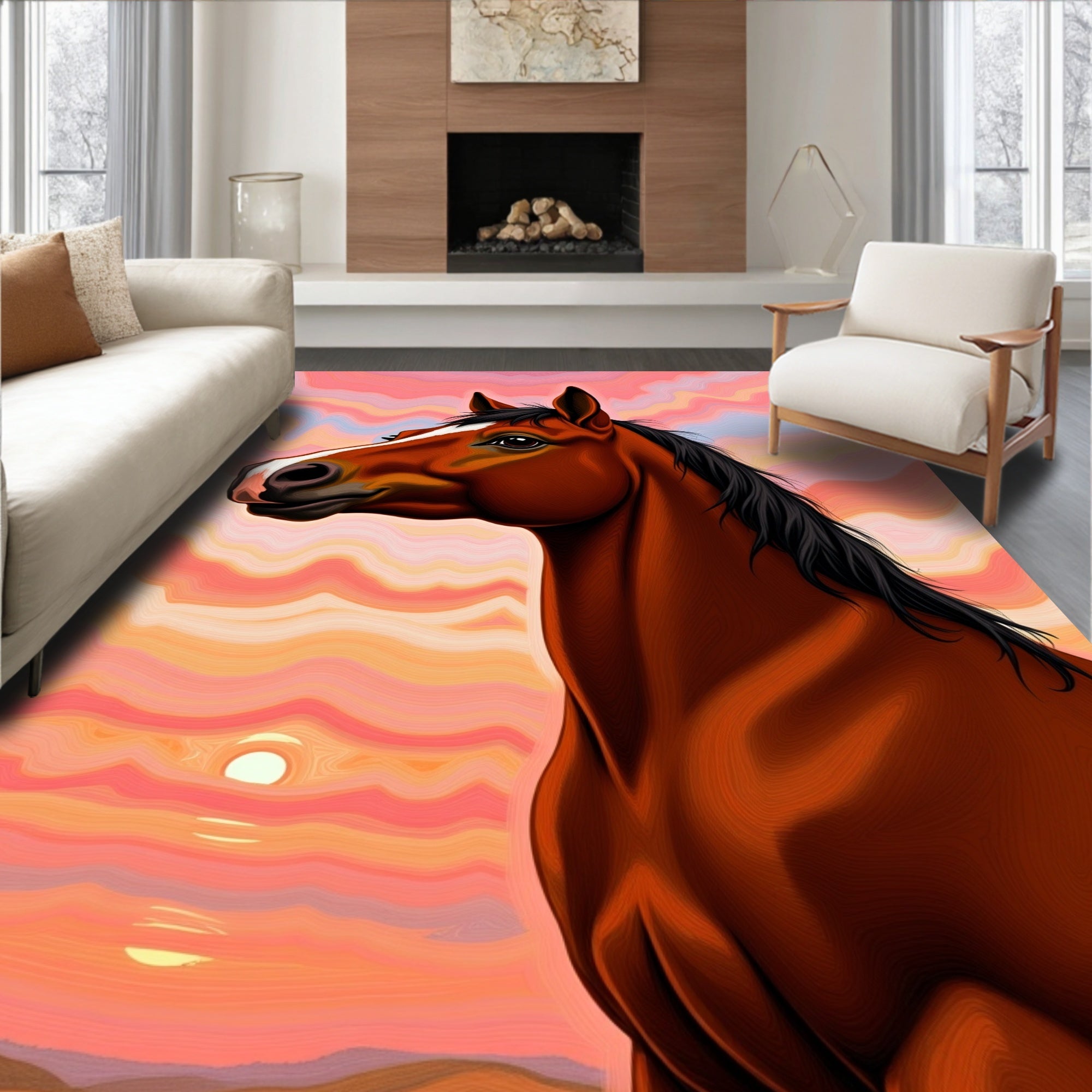 Brown Horse Sunset Sky Swirl Rug