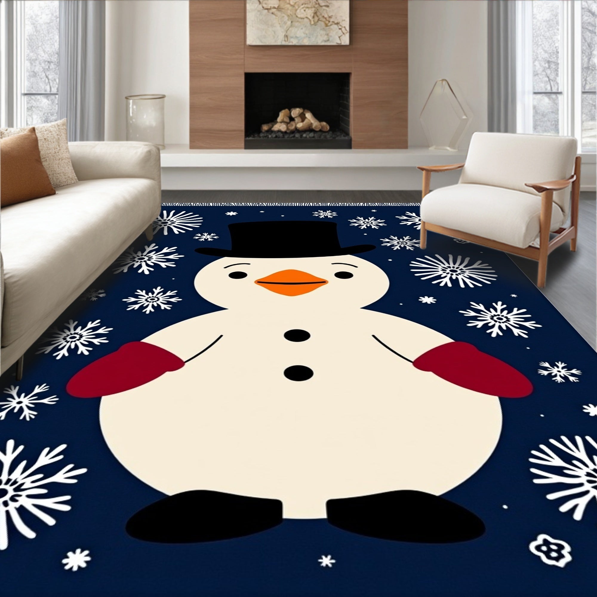Navy Blue Snowman Snowflake Whimsical Rug