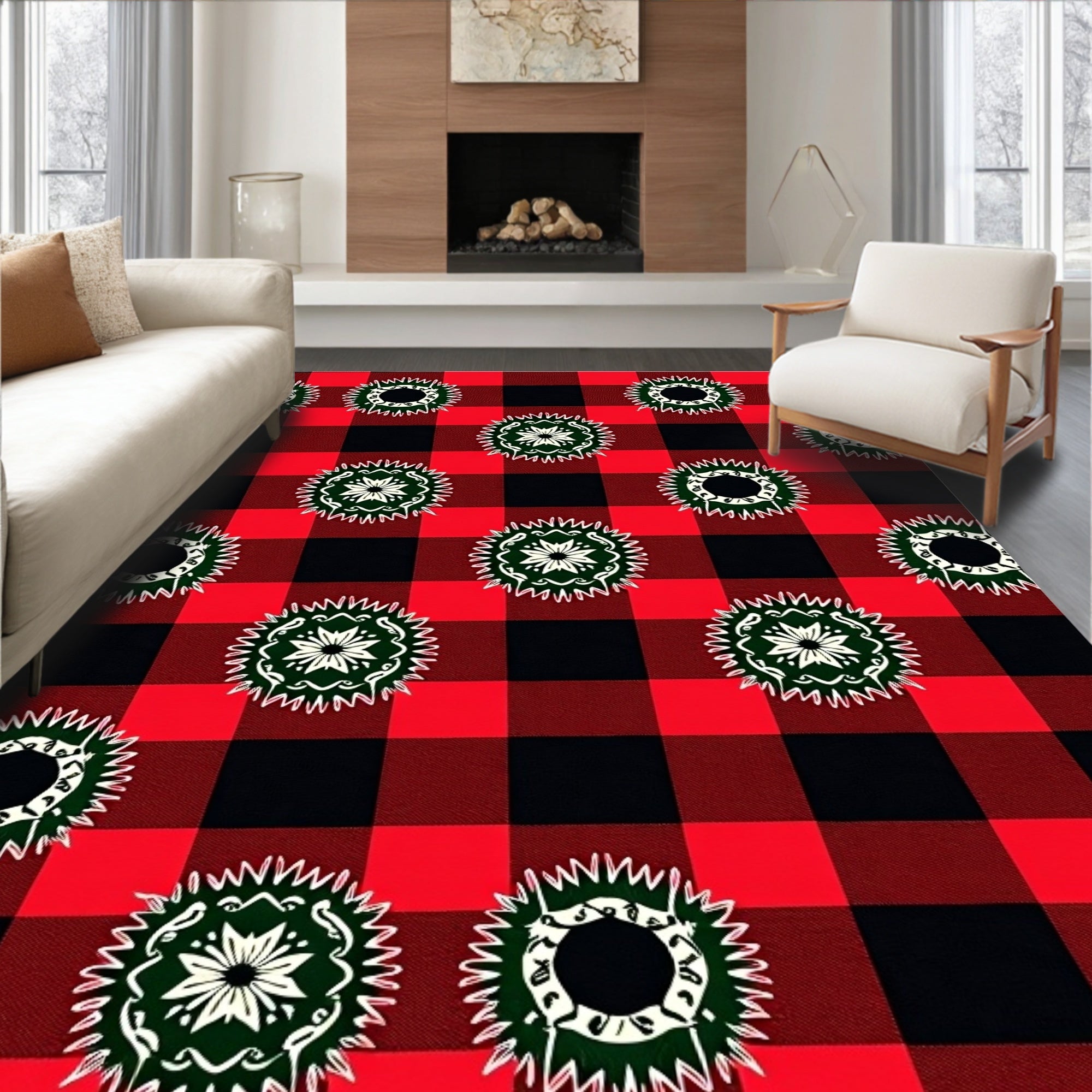 Red Black Buffalo Check Floral Medallions Rug