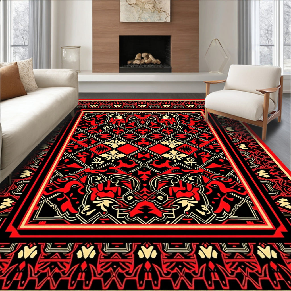 Bold Red Black Tribal Symmetry Rug
