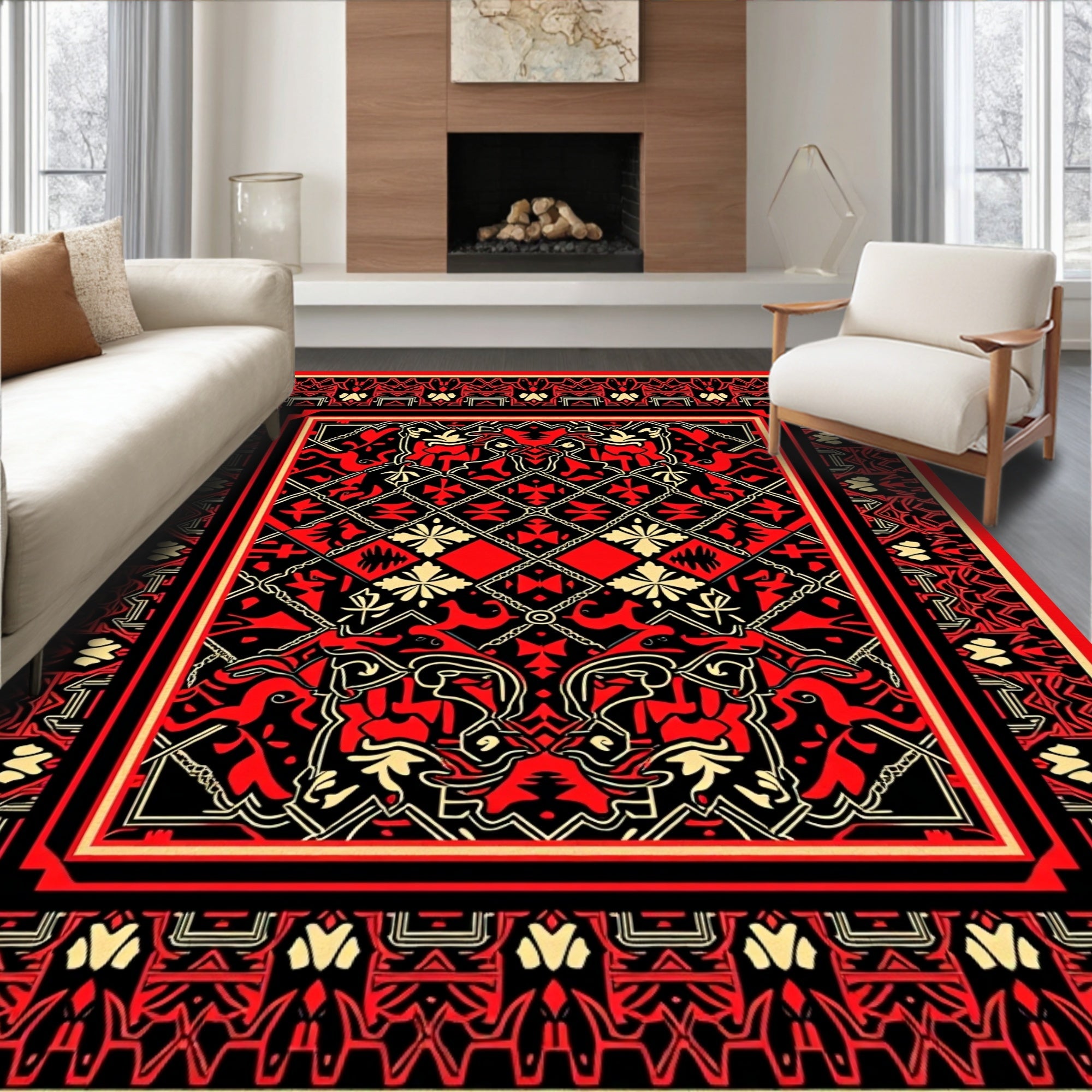 Bold Red Black Tribal Symmetry Rug