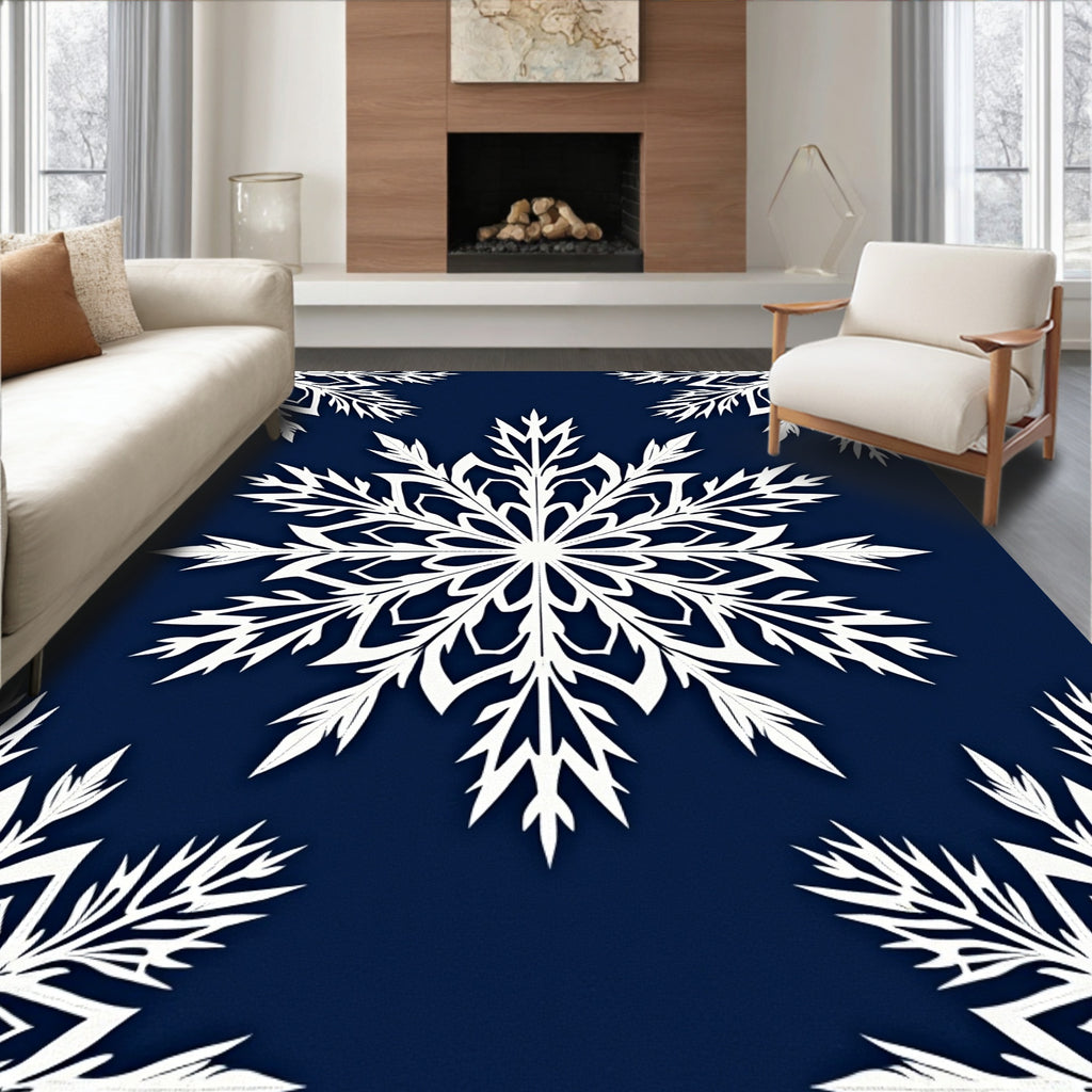 White Snowflake On Deep Blue Rug