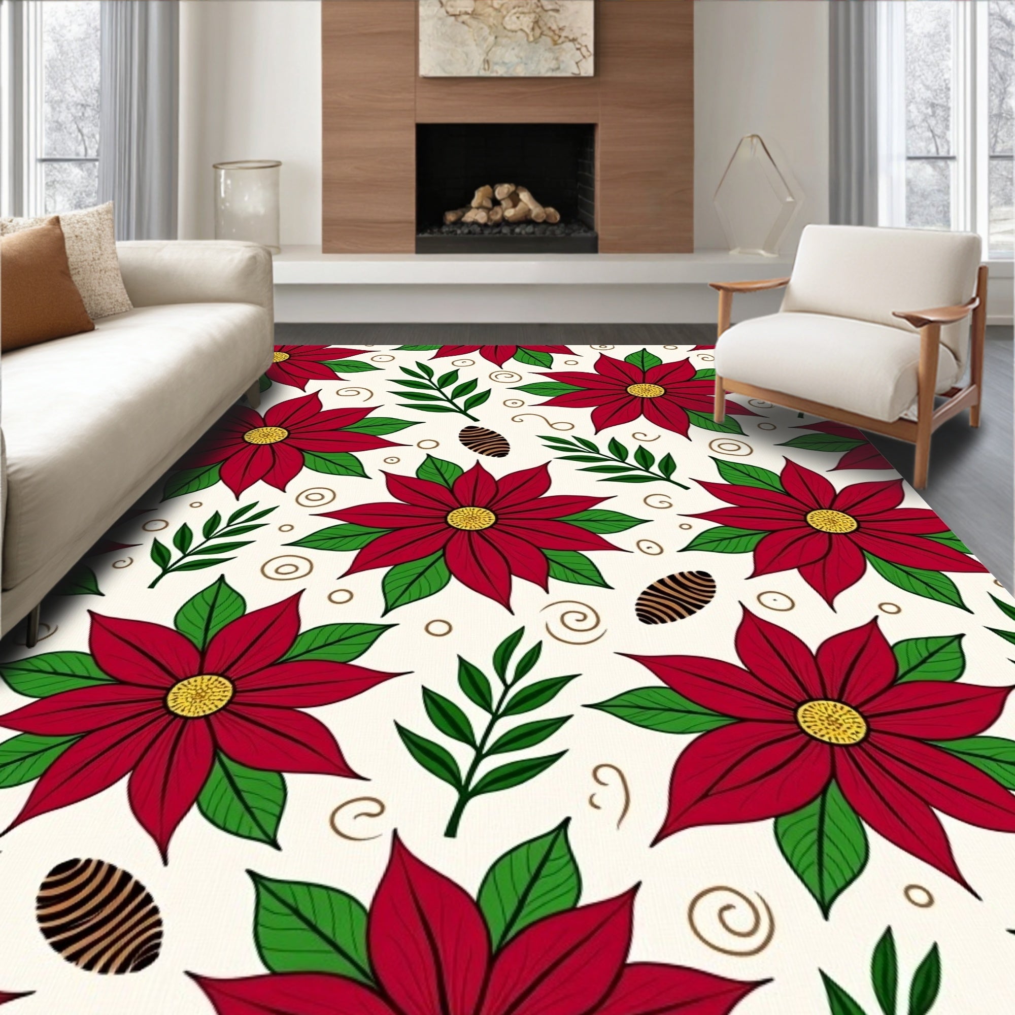 Festive Red Poinsettia Foliage Swirls Rug