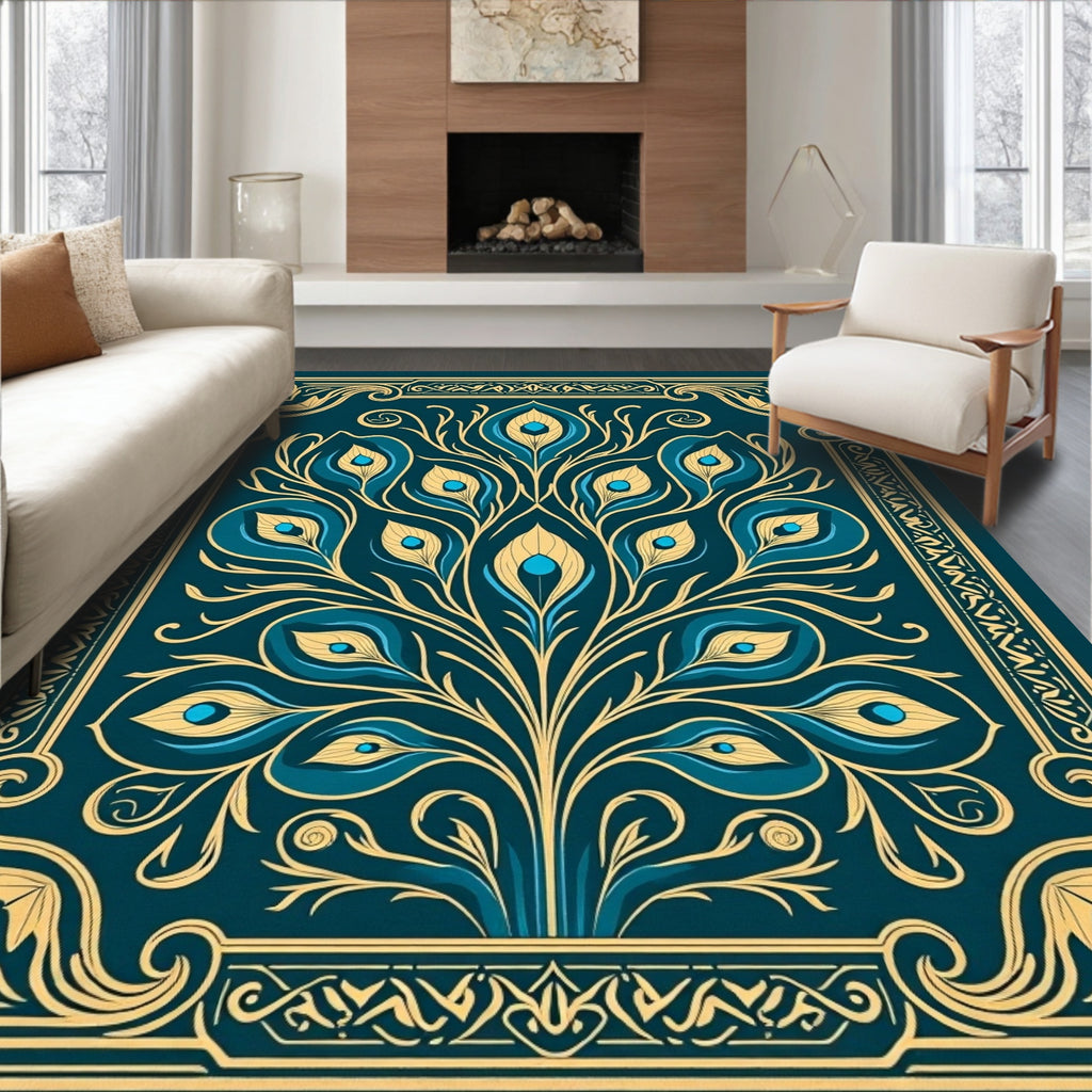 Teal Gold Feathered Fan Medallion Rug