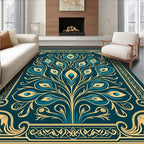 Teal Gold Feathered Fan Medallion Rug
