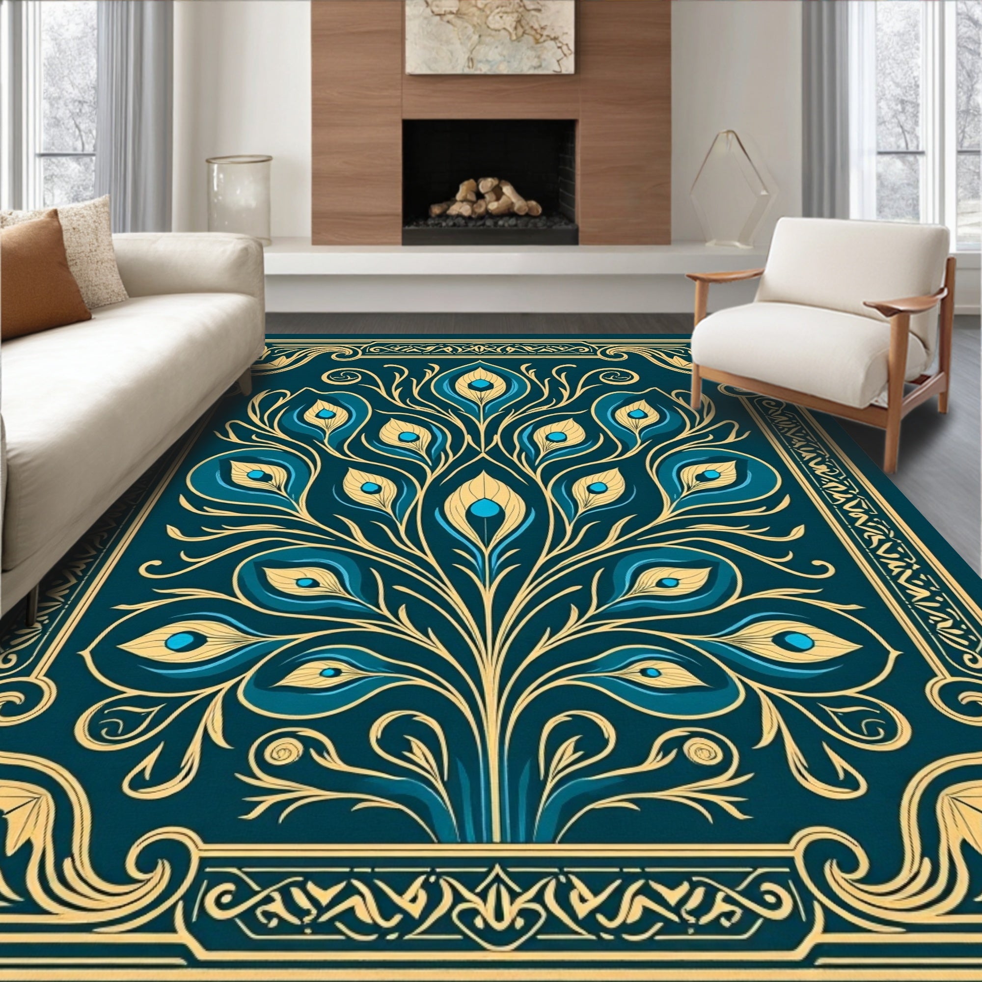 Teal Gold Feathered Fan Medallion Rug