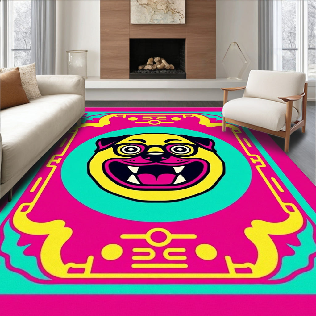 Vibrant Yellow Pug Portrait Frame Rug