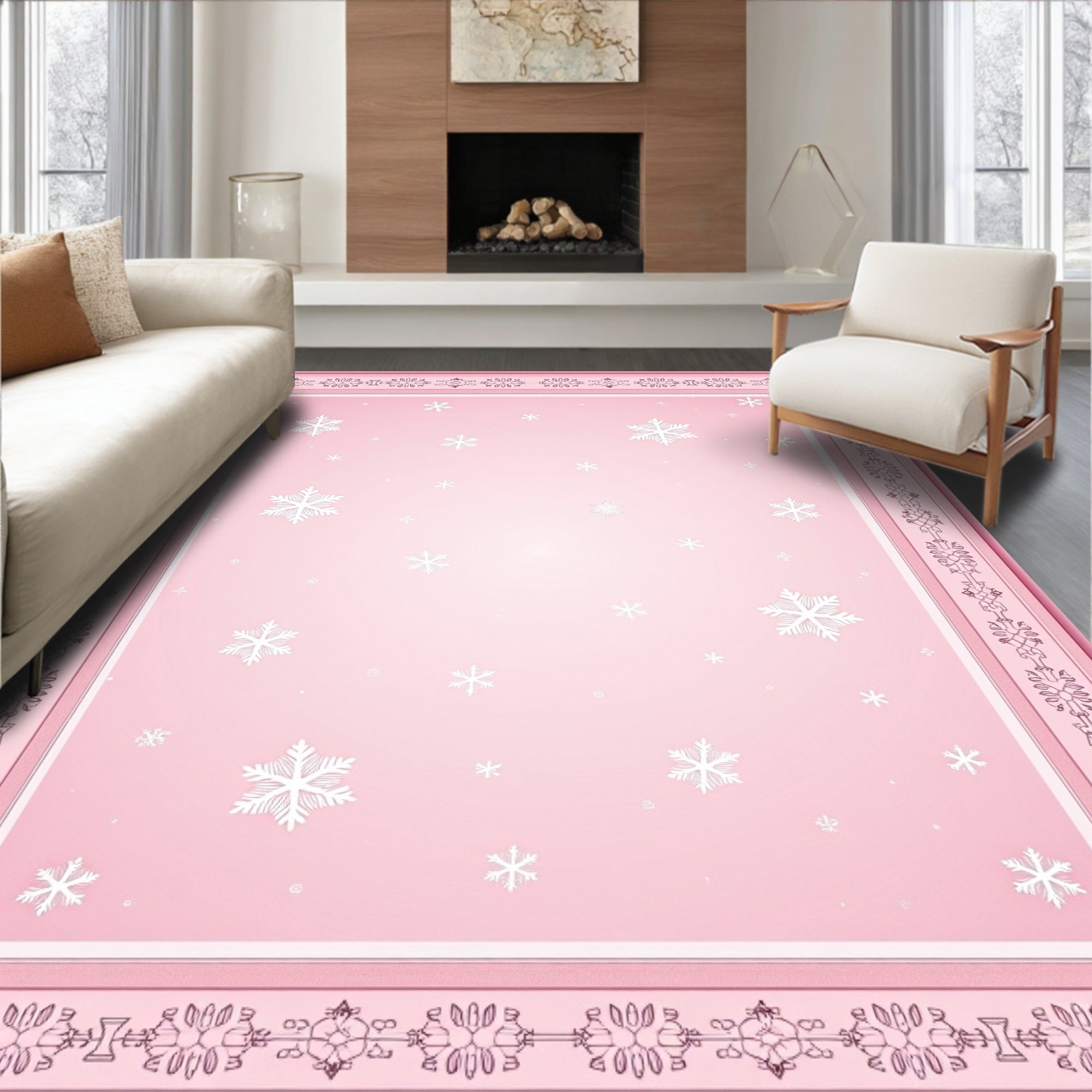 Pink Snowflake Bordered Winter Fantasy Rug