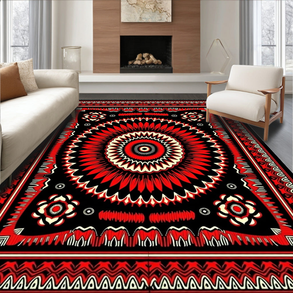 Bold Red Floral Sunburst Medallion Rug
