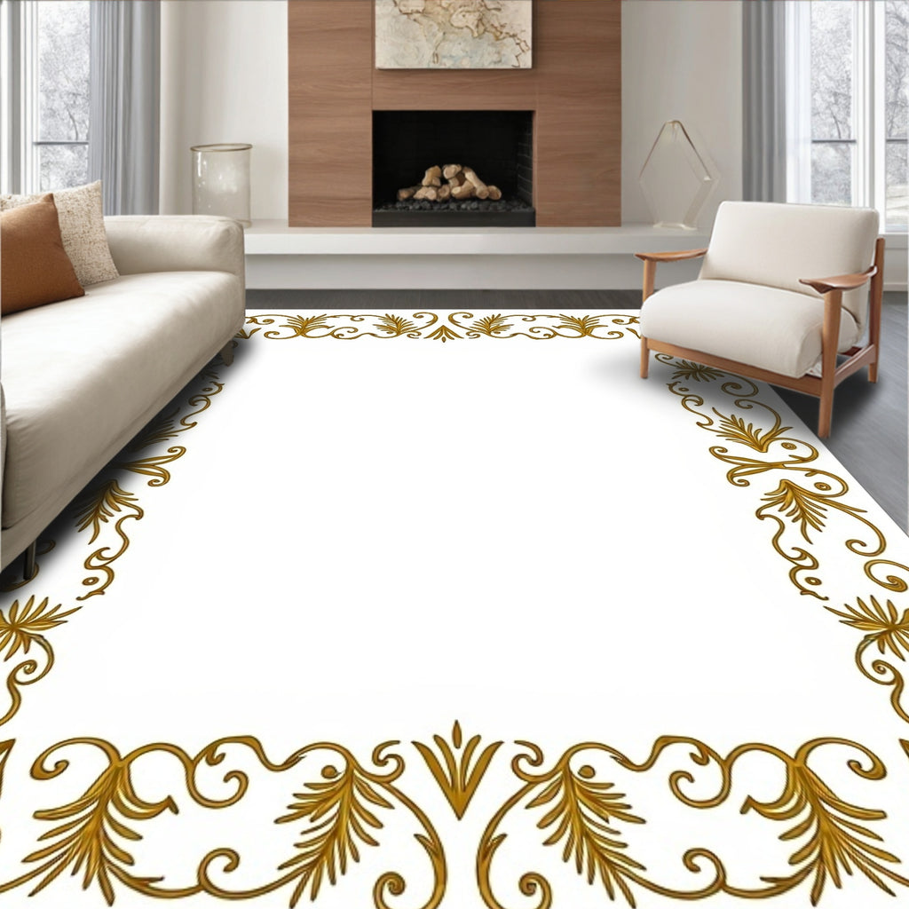 Ornate Golden Leaf Scroll Border Rug