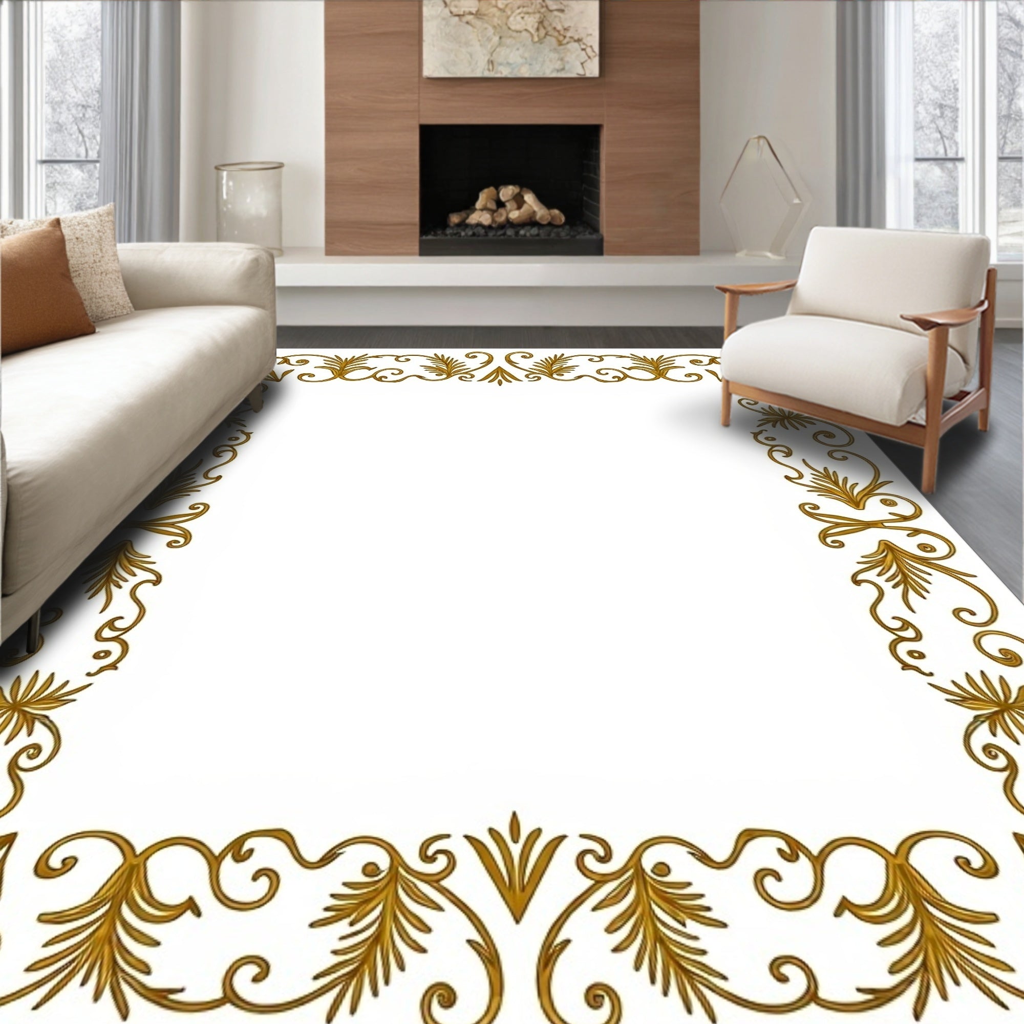 Ornate Golden Leaf Scroll Border Rug