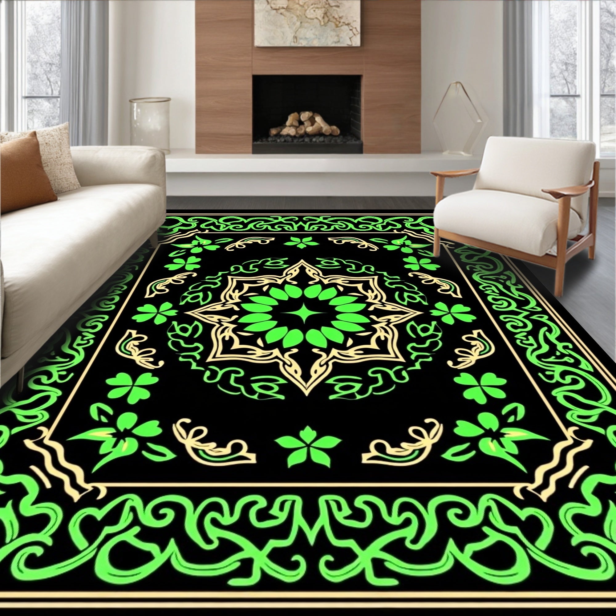 Emerald Black Starburst Floral Border Rug