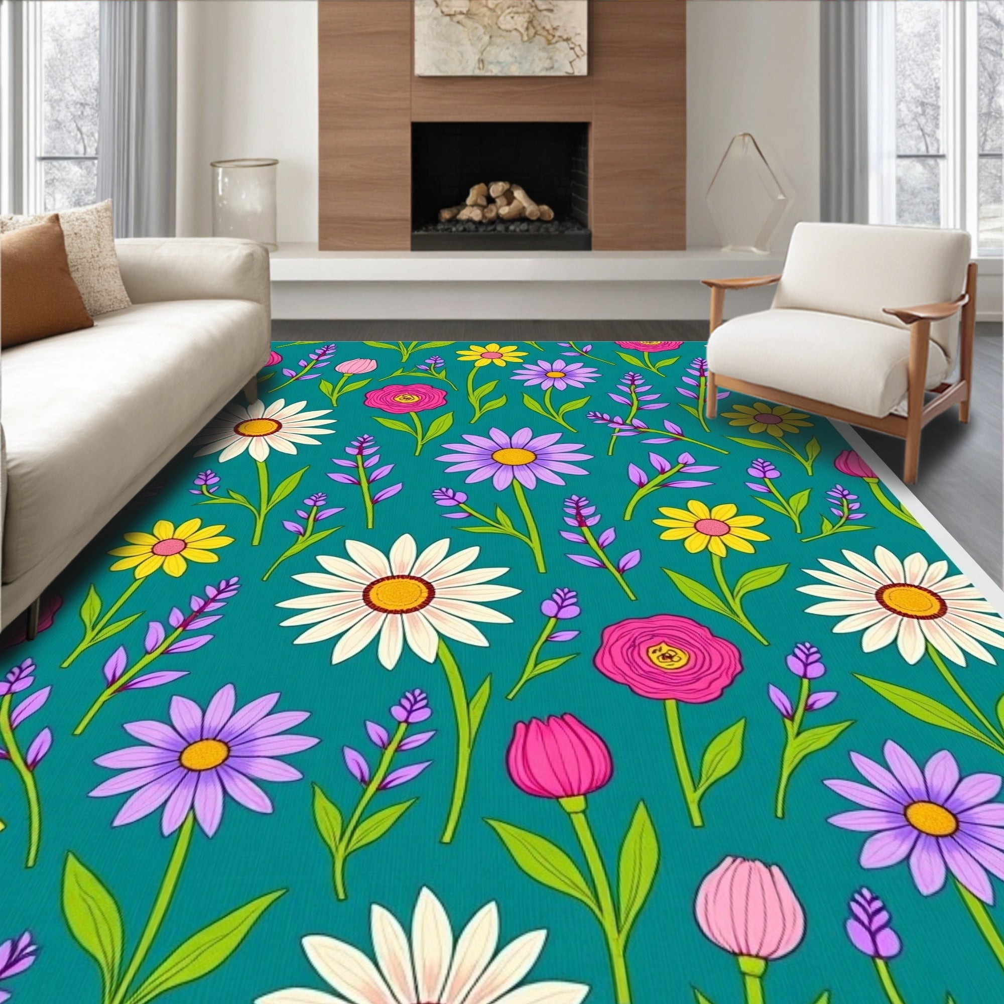 Whimsical Floral Garden Teal Rug
