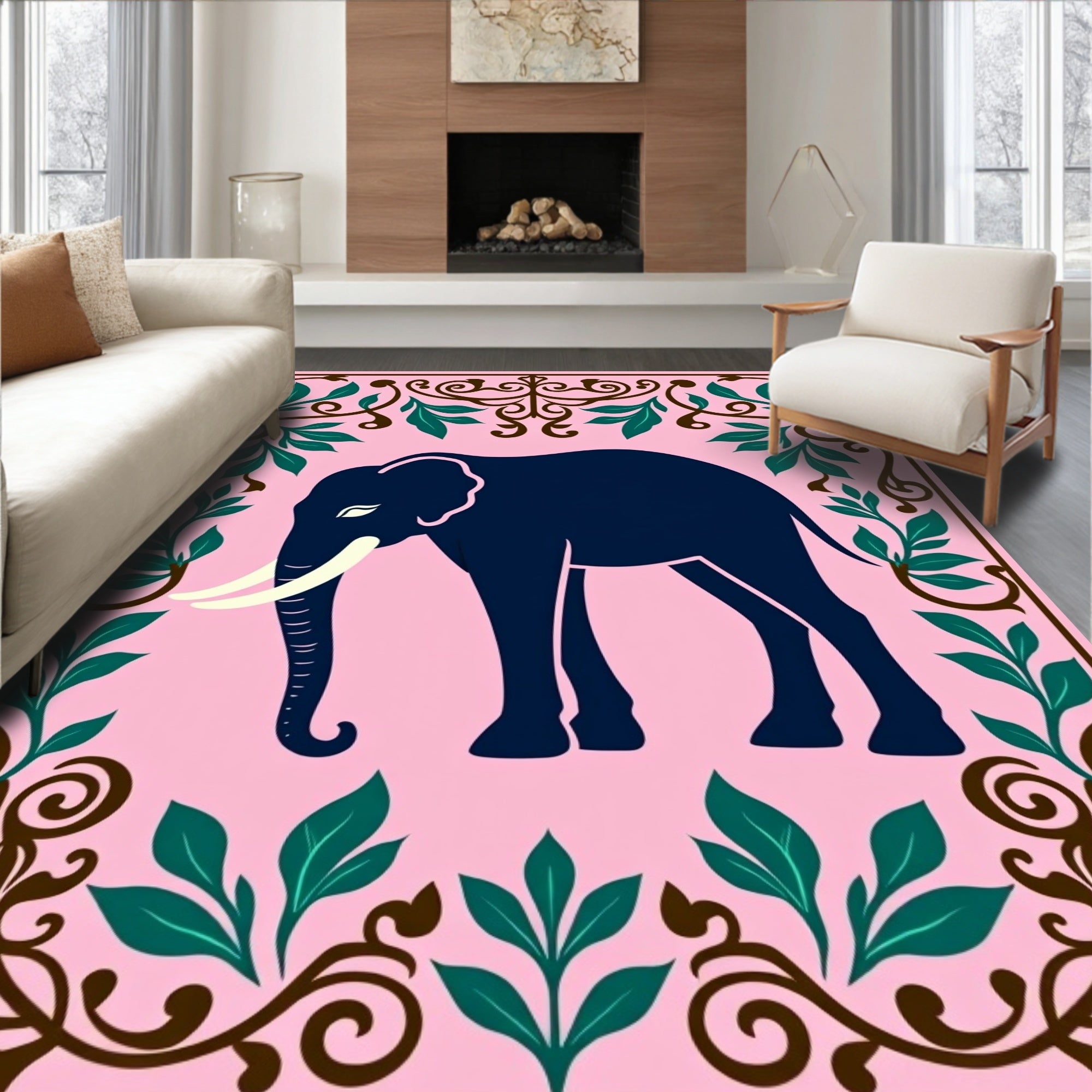 Dark Blue Elephant Pink Floral Frame Rug
