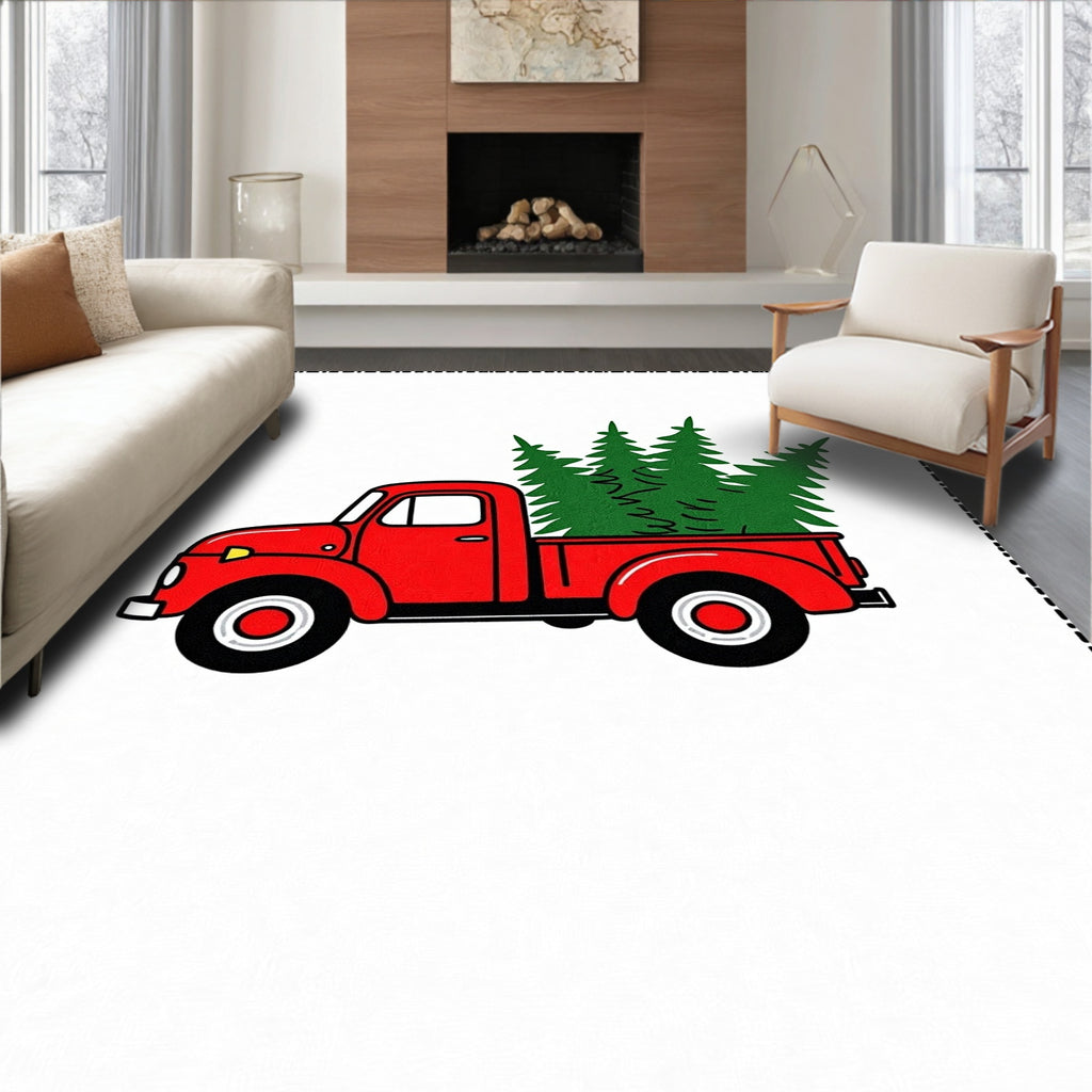 Red Truck Green Pine Trees Rug