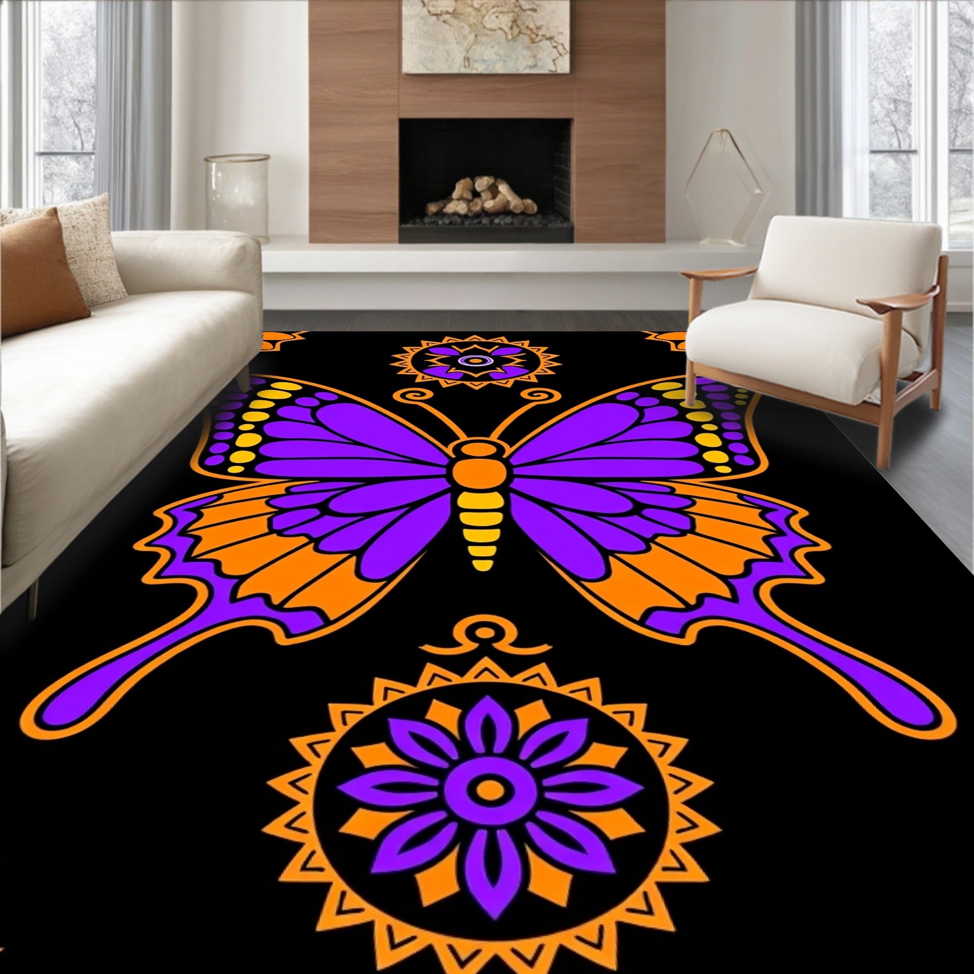 Violet Orange Butterfly Mandala Rug