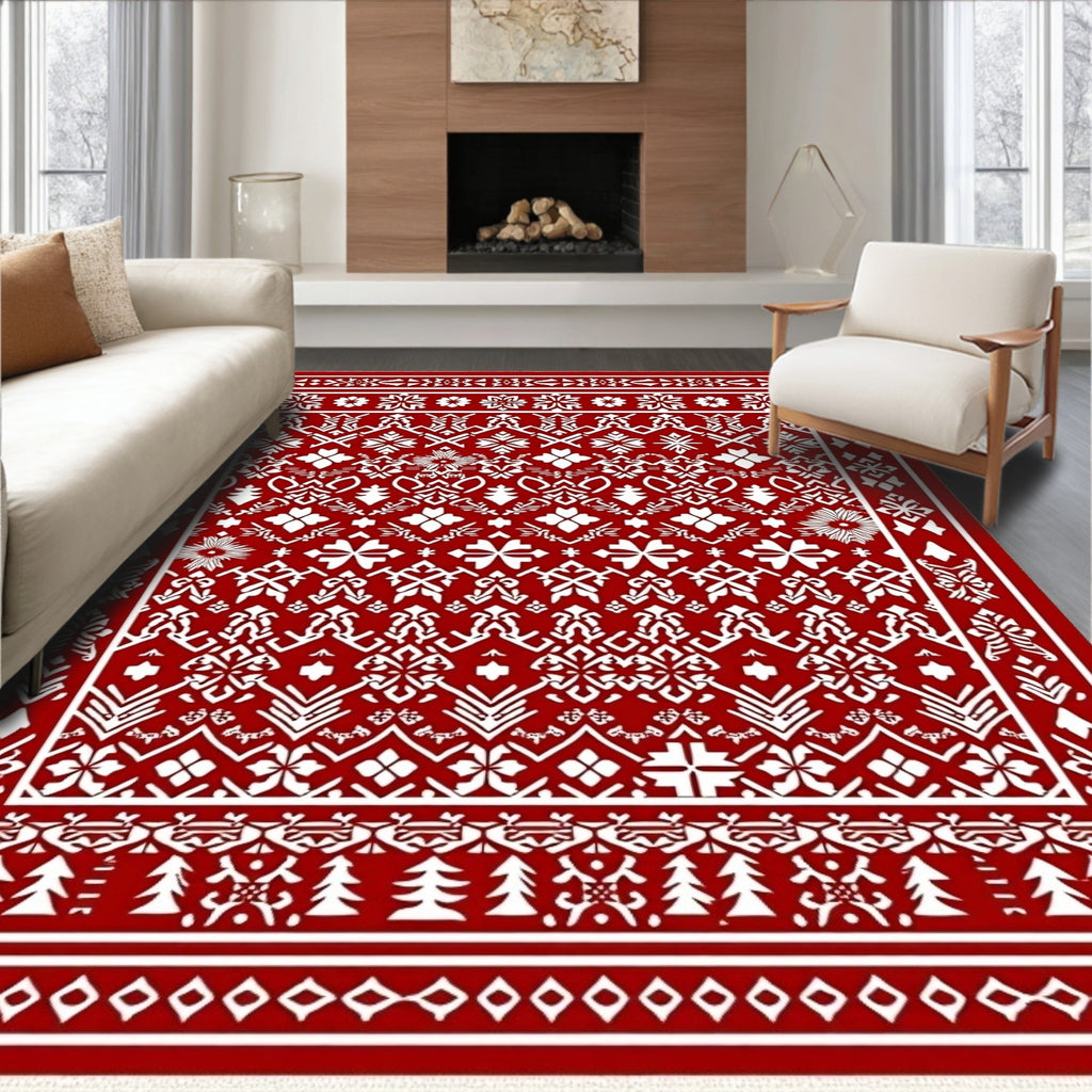 Bold Red Nordic Folk Art Rug