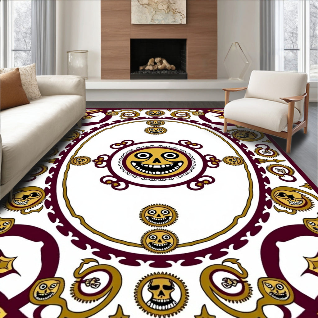 Whimsical Gold Sun Faces Burgundy Frame Rug