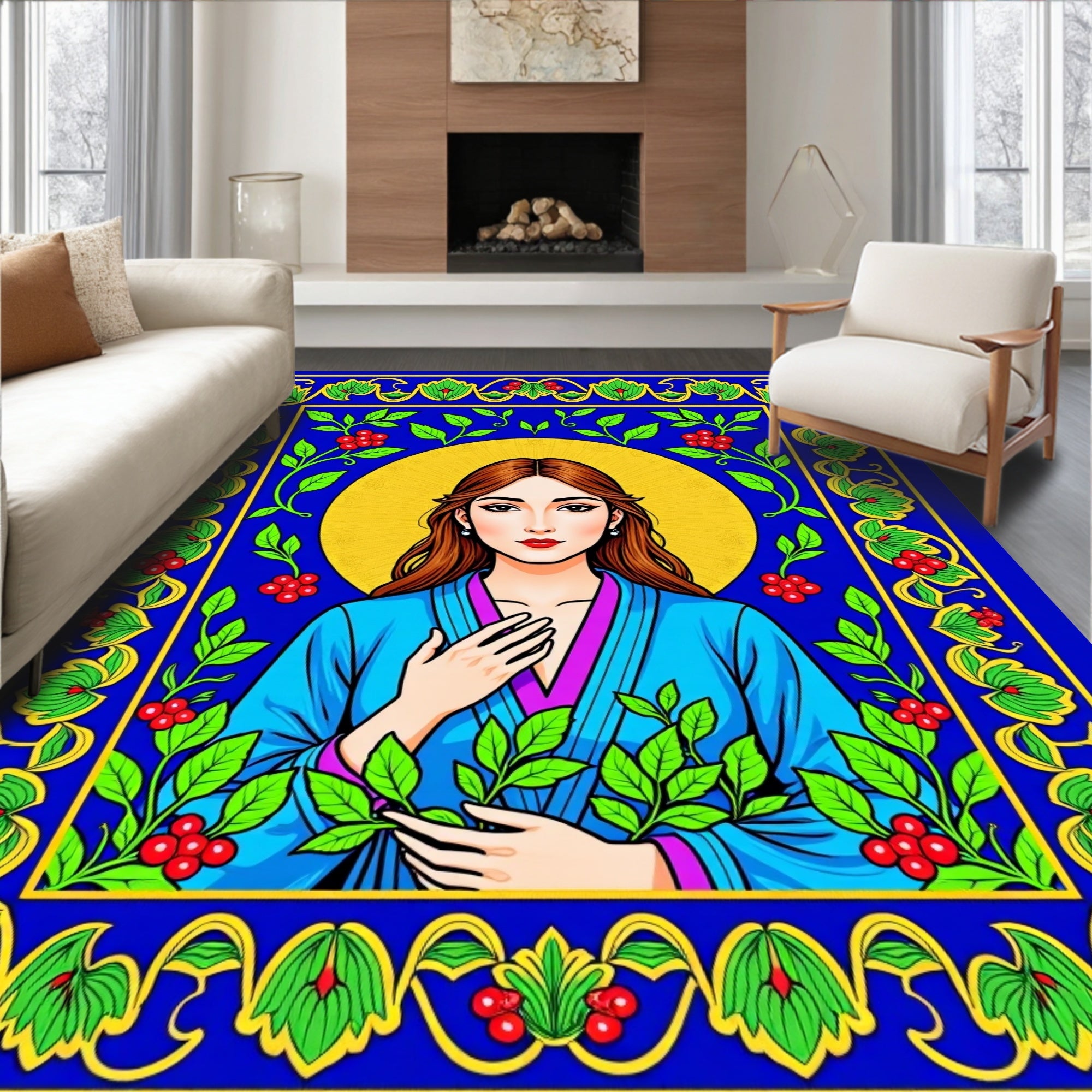 Blue Golden Halo Woman Botanical Border Rug