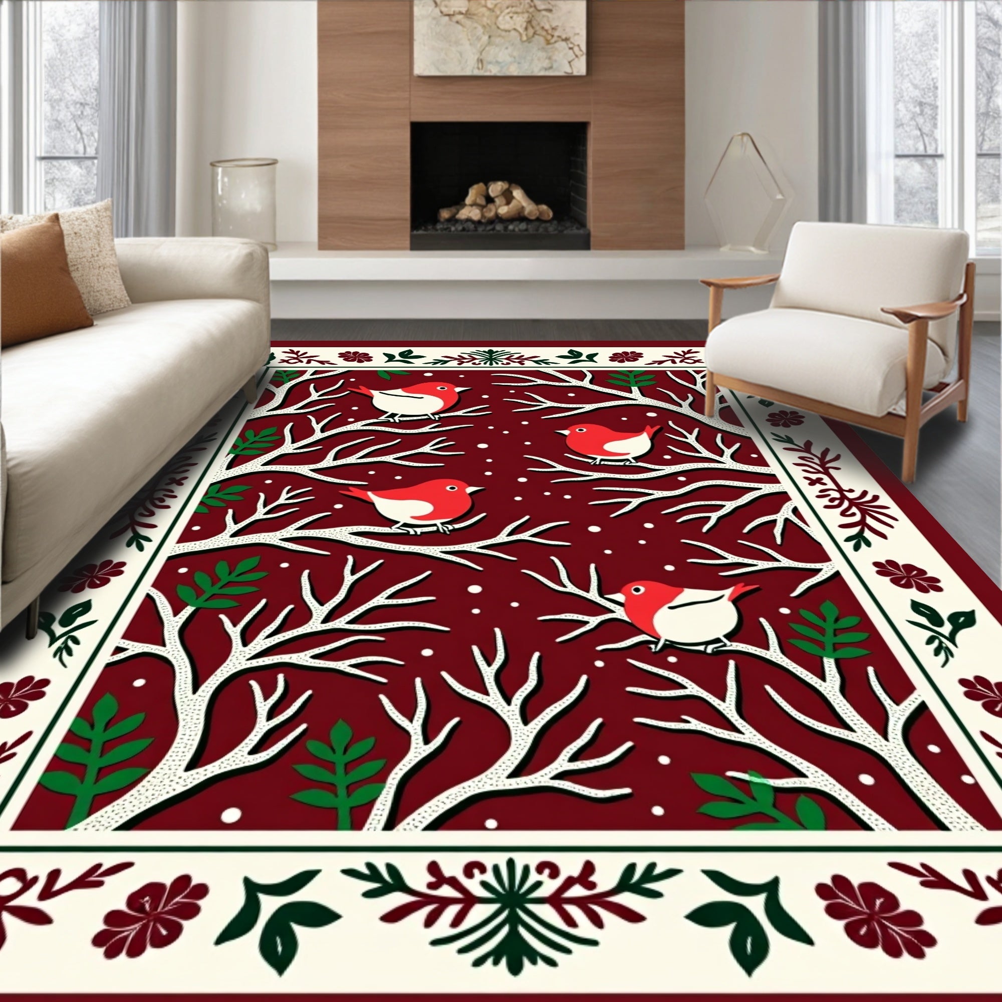 Whimsical Red Bird Tree Border Rug