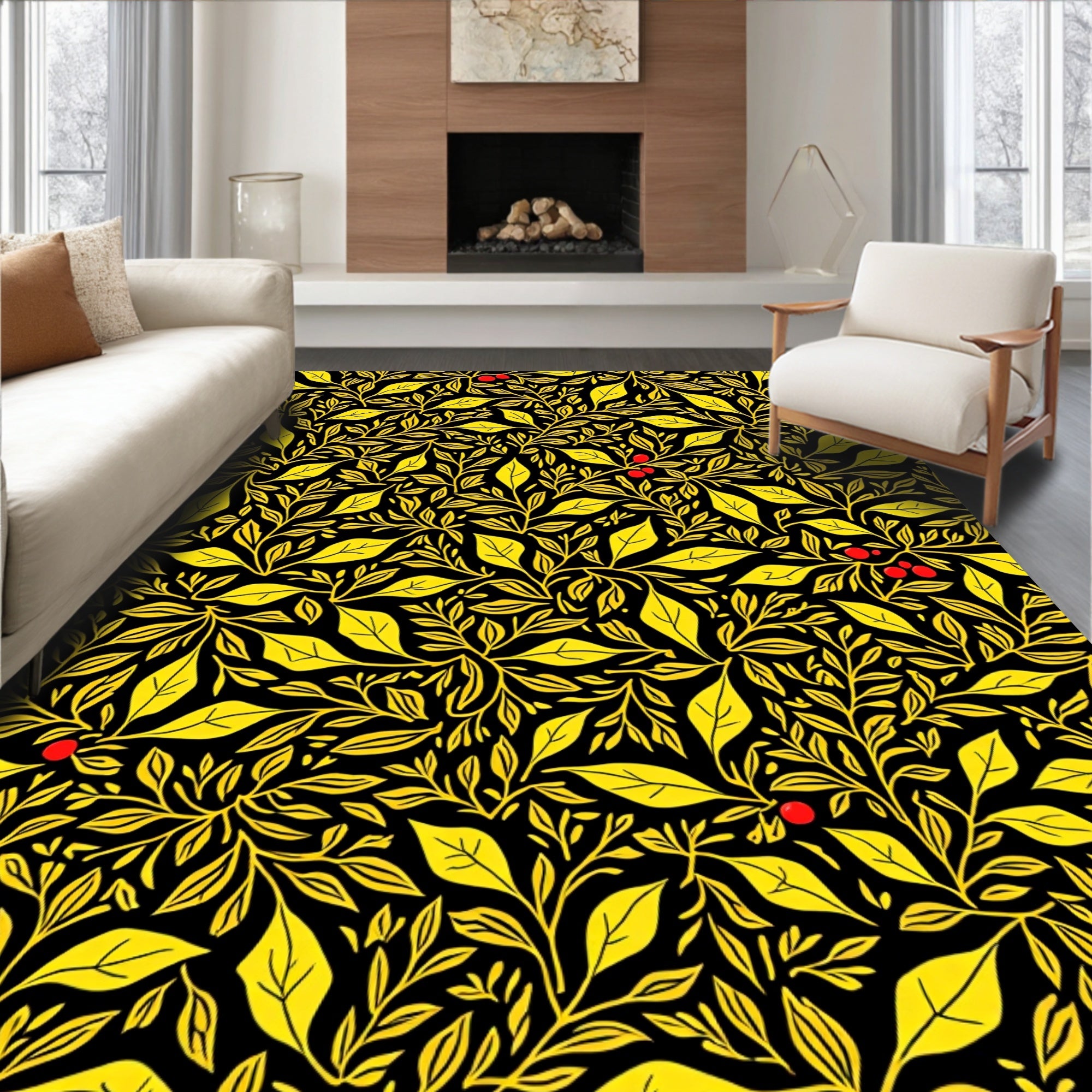 Golden Yellow Leaf Berry Vines Rug