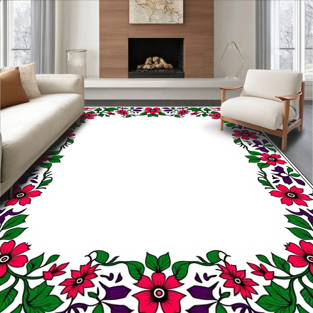 Crimson Floral Green Vine Border Rug