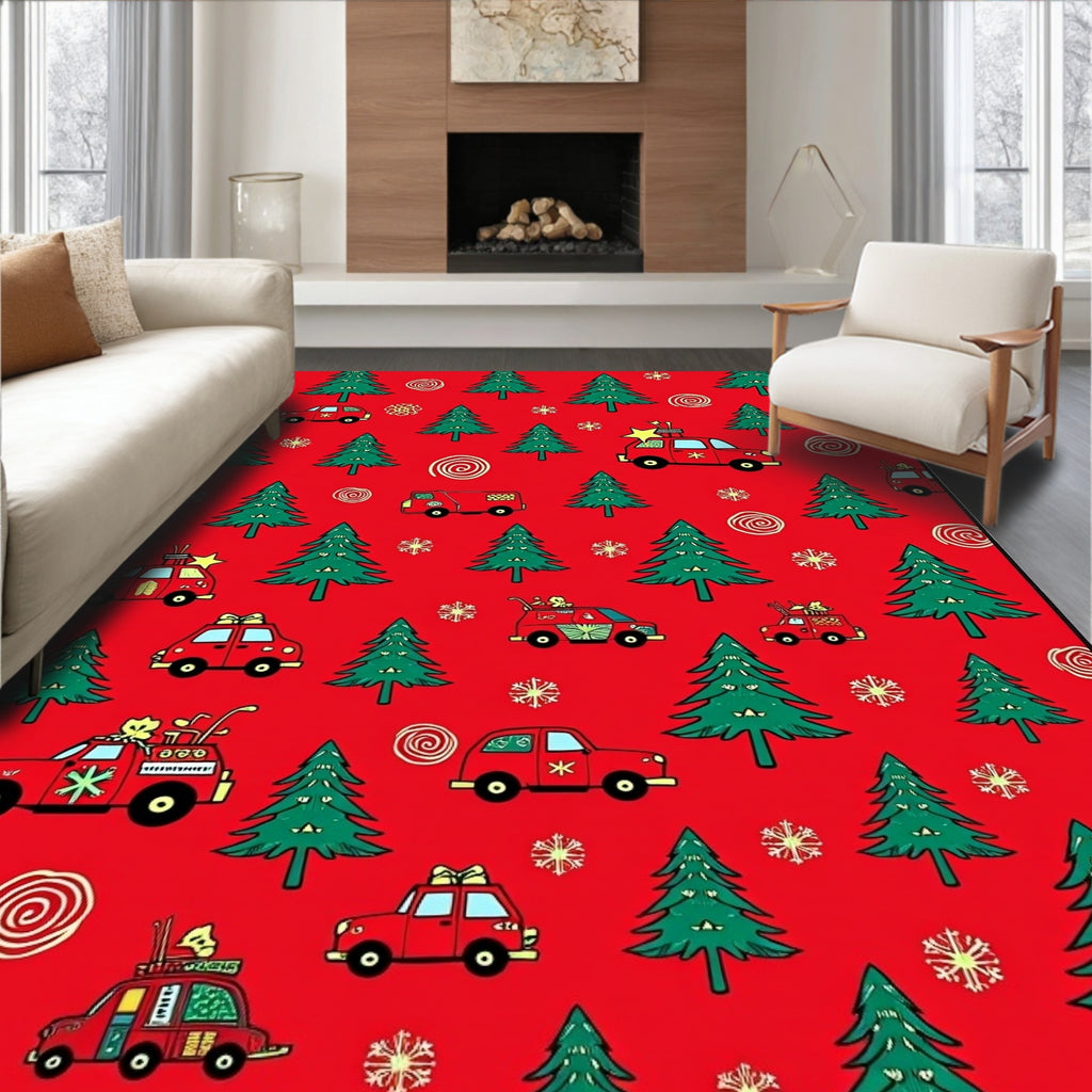 Red Christmas Cars Evergreen Trees Rug