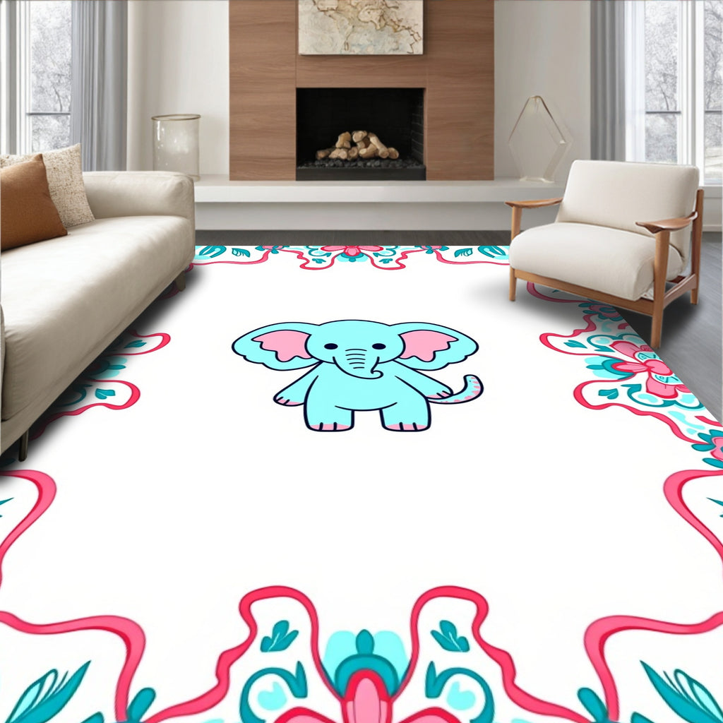 Charming Aqua Elephant Tribal Border Rug
