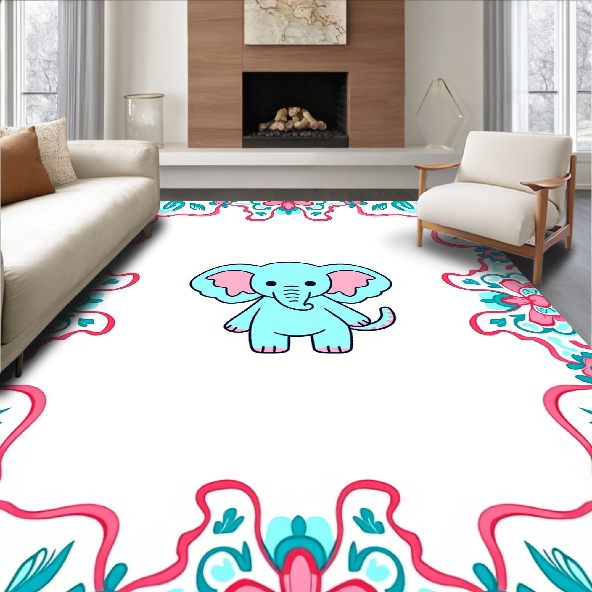 Charming Aqua Elephant Tribal Border Rug