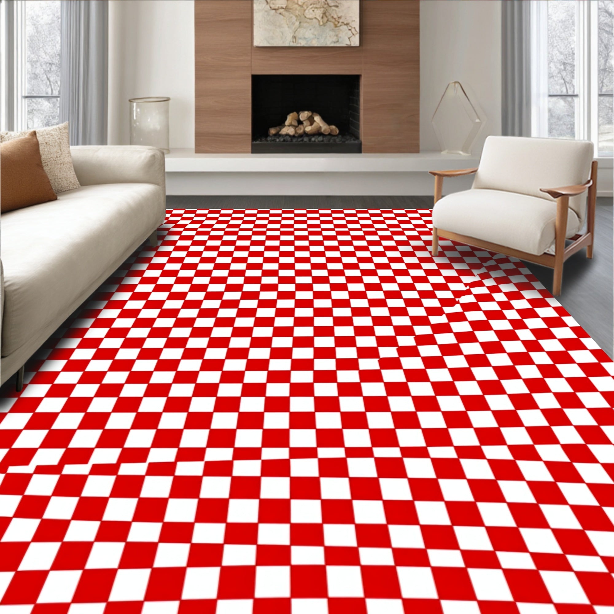 Dynamic Red White Checkered Curve Rug
