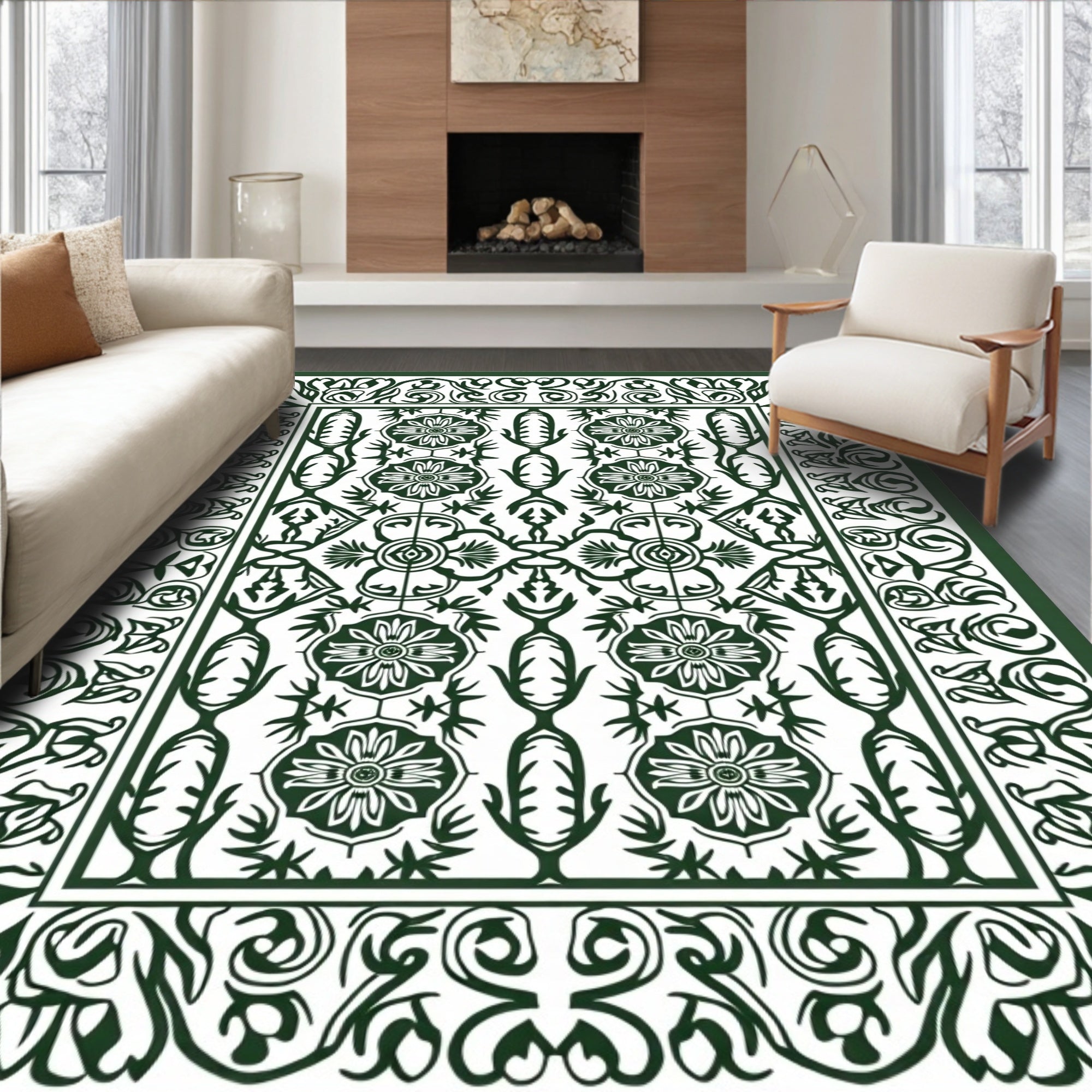 Dark Green Floral Medallion Border Rug