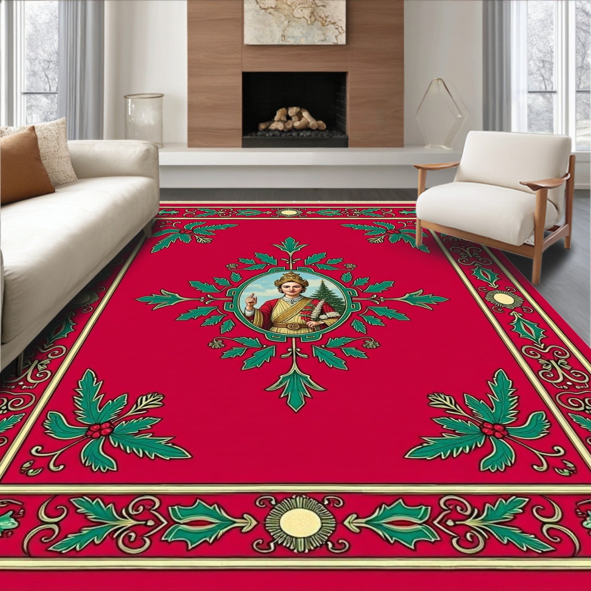 Crimson Laurel Portrait Festive Border Rug