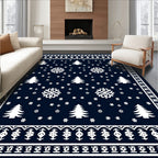 Navy White Winter Tree Snowflakes Border Rug