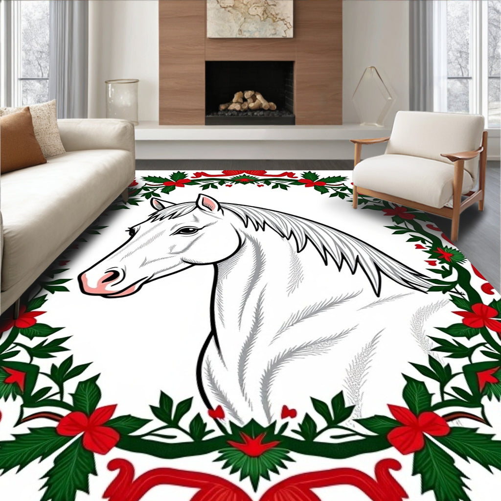 White Horse Festive Floral Wreath Rug