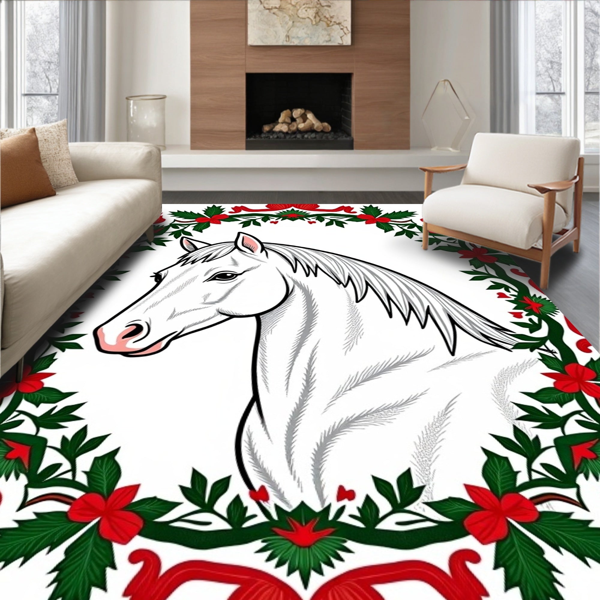 White Horse Festive Floral Wreath Rug