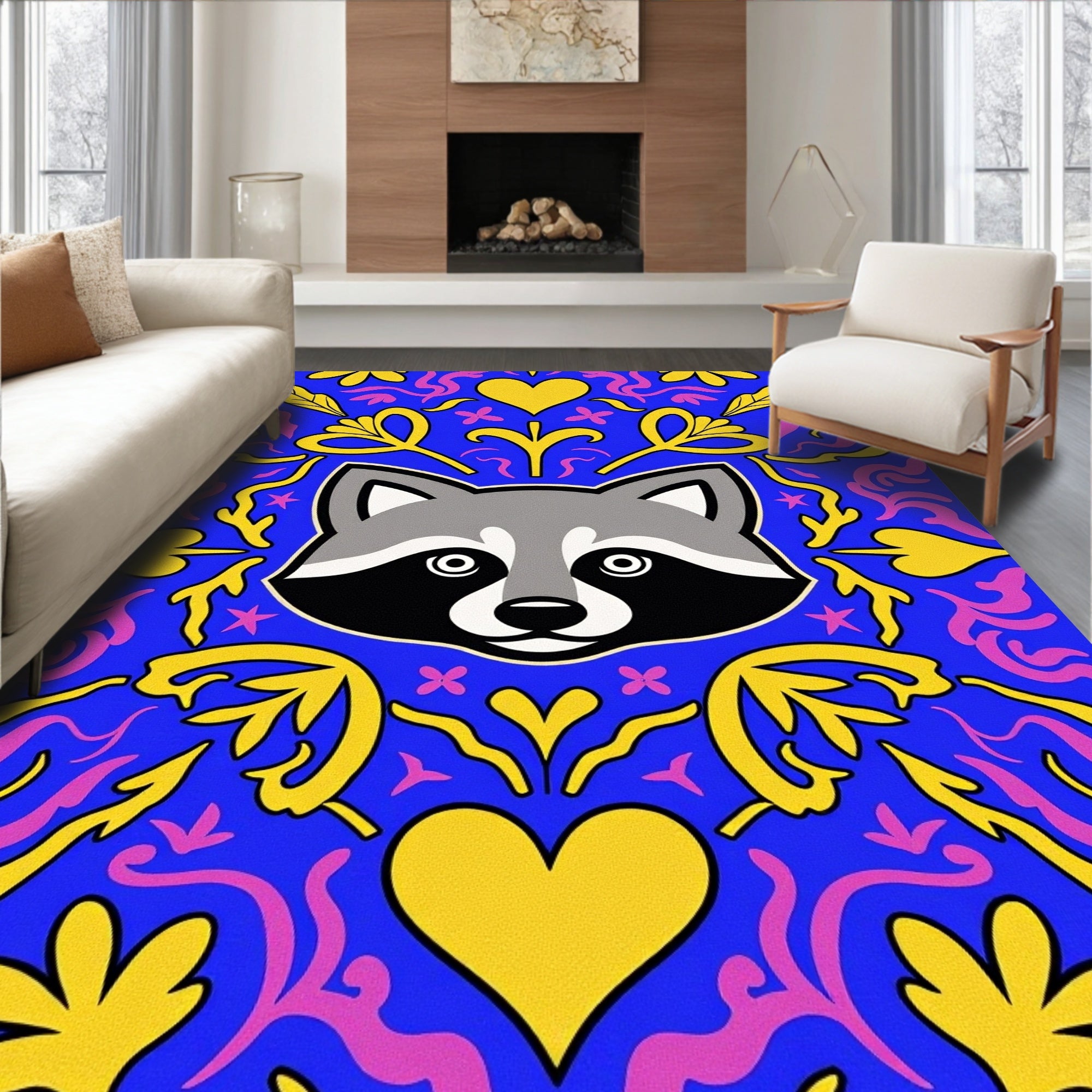 Vibrant Raccoon Blue Yellow Heart Swirl Rug