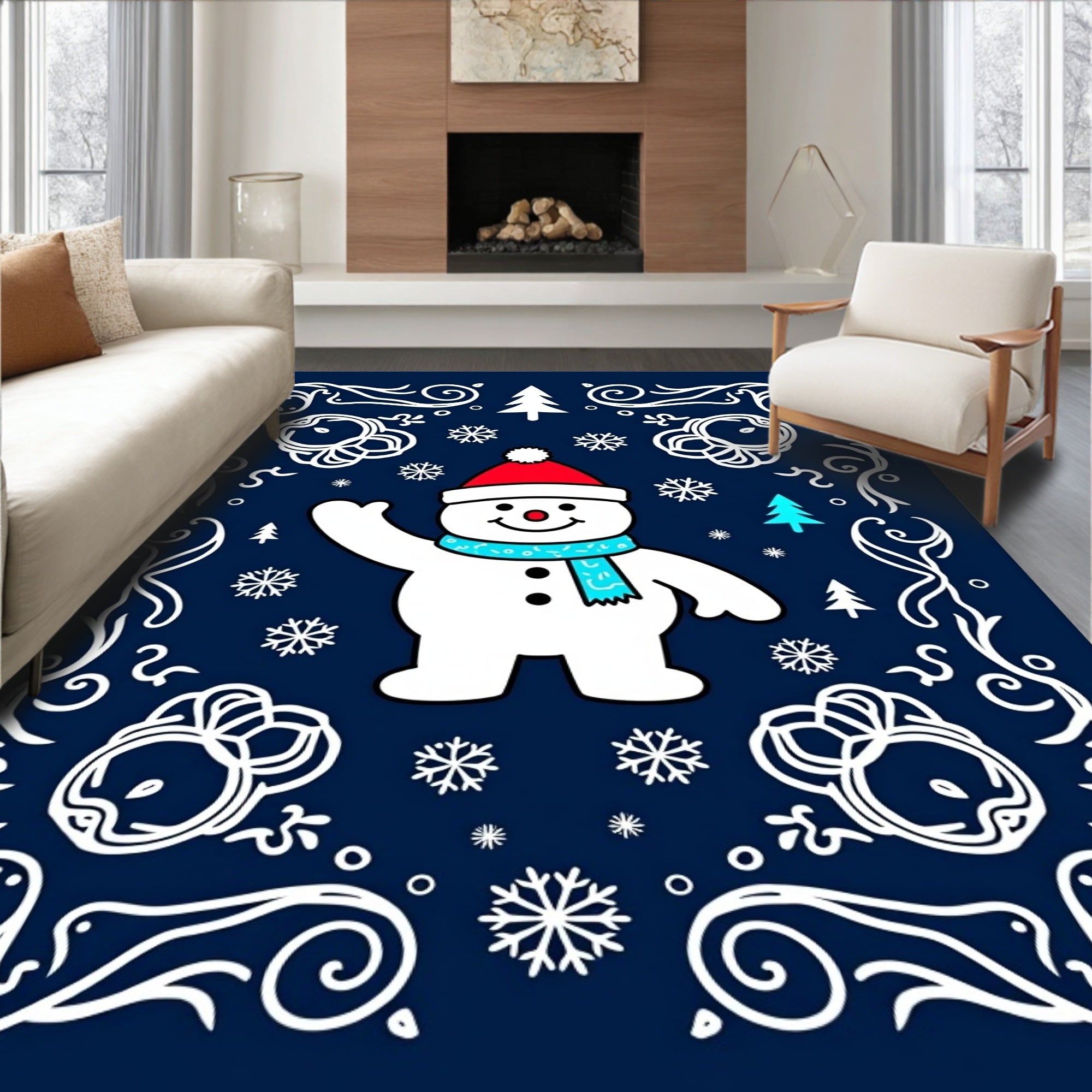 Festive Snowman With Waving Arm Navy Rug