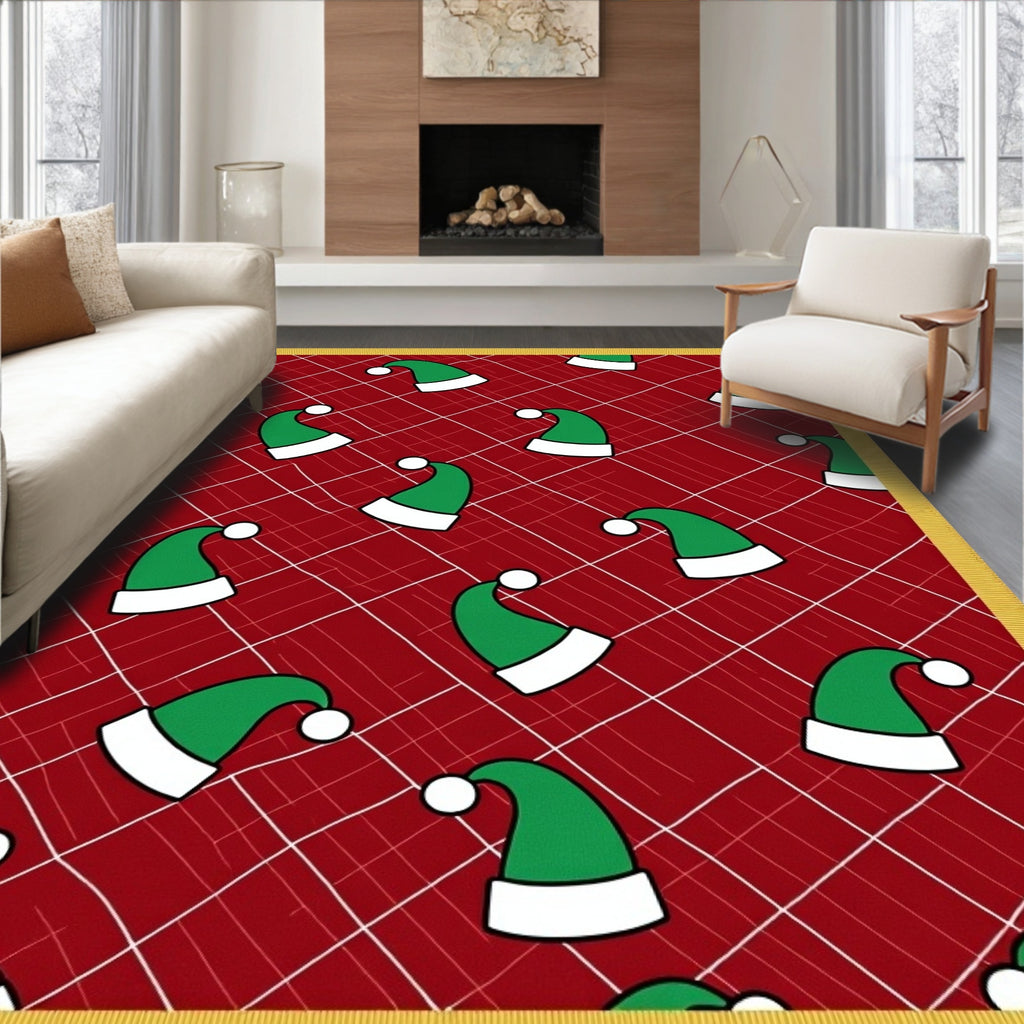 Festive Green Elf Hat Red Plaid Rug