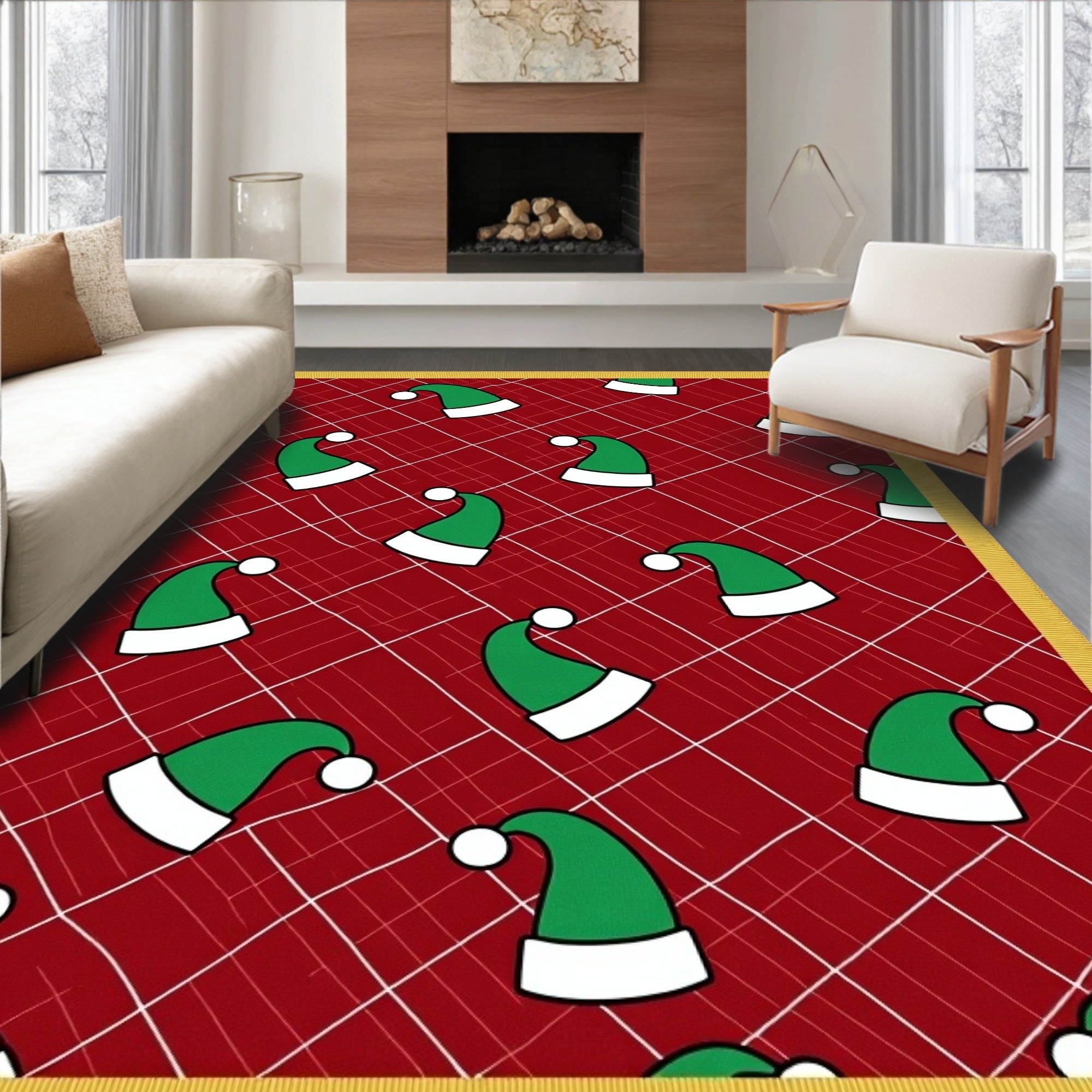 Festive Green Elf Hat Red Plaid Rug