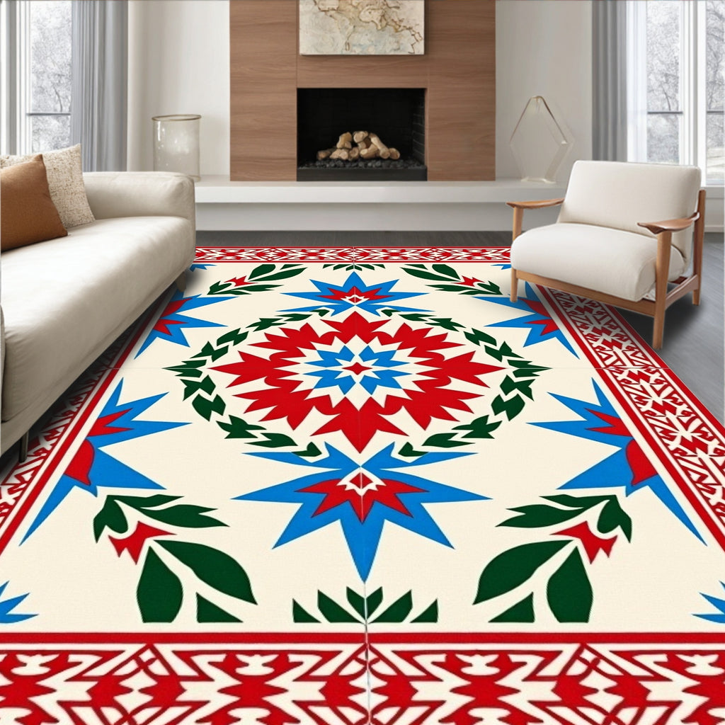 Bold Red Blue Starburst Garden Rug