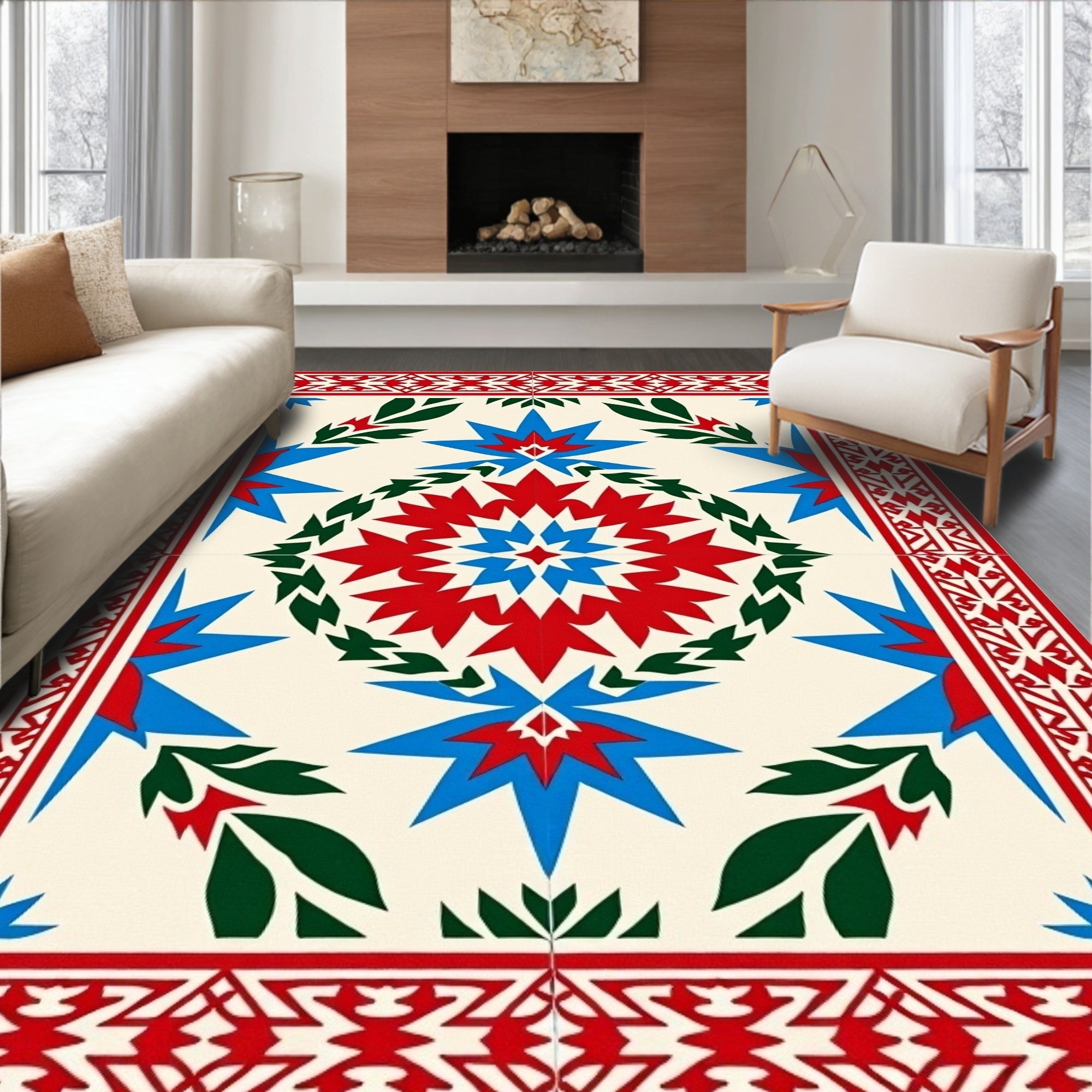 Bold Red Blue Starburst Garden Rug