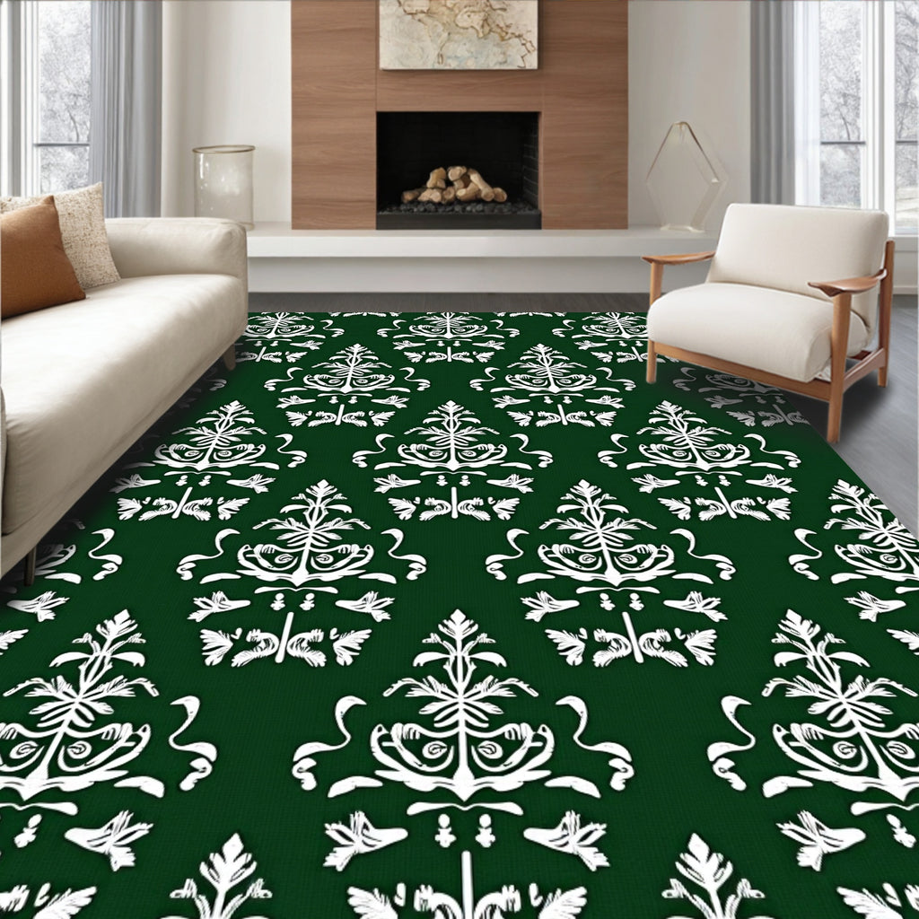 Emerald Green White Classic Damask Rug