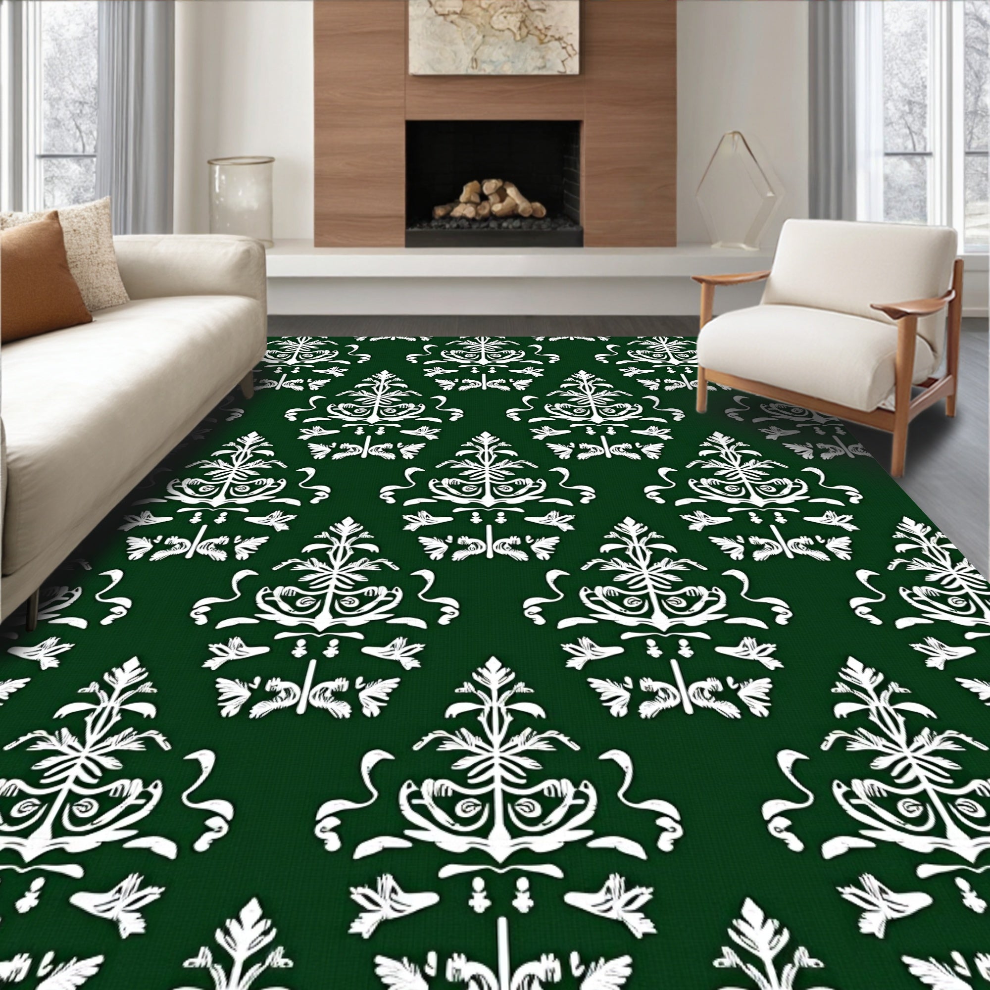Emerald Green White Classic Damask Rug