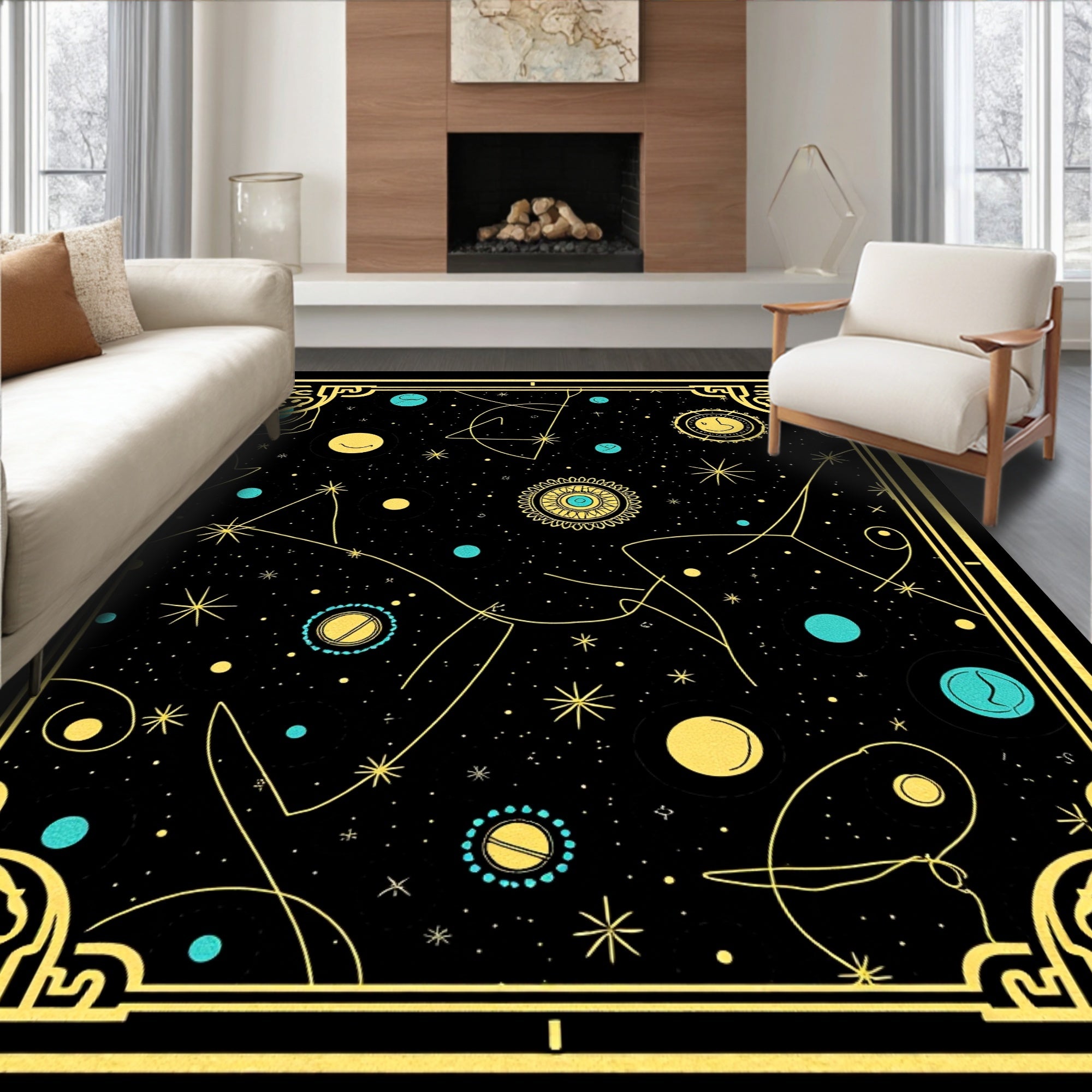 Cosmic Gold Black Celestial Whimsy Rug