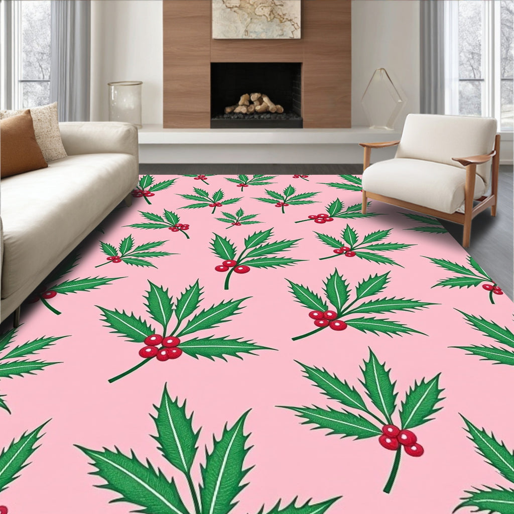 Pink Holly Berry Leaf Arrangement Rug