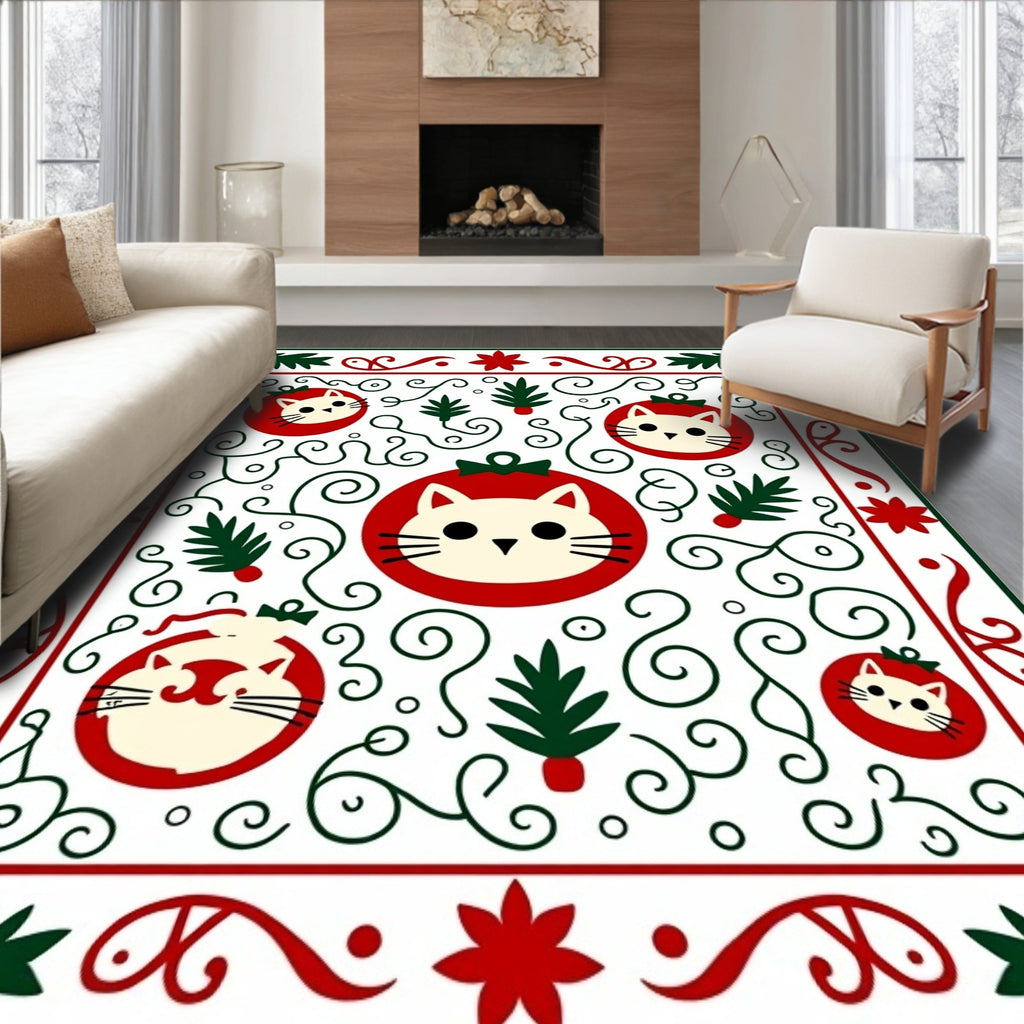 Festive Red Green Cat Christmas Ornament Rug