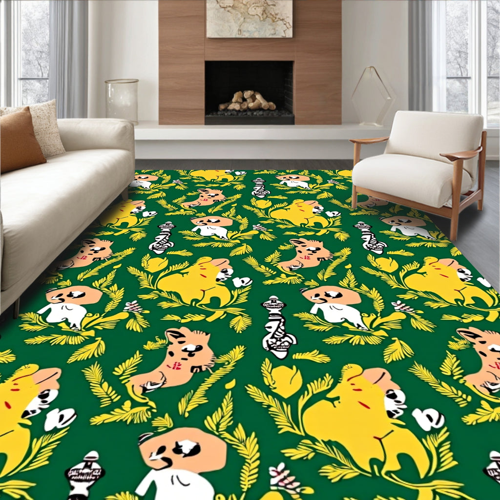 Whimsical Animals and Foliage on Green Rug