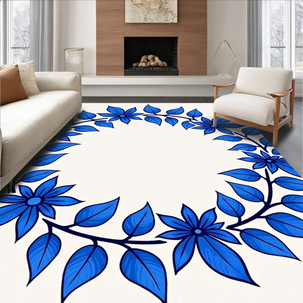 Vibrant Blue Floral Wreath Rug