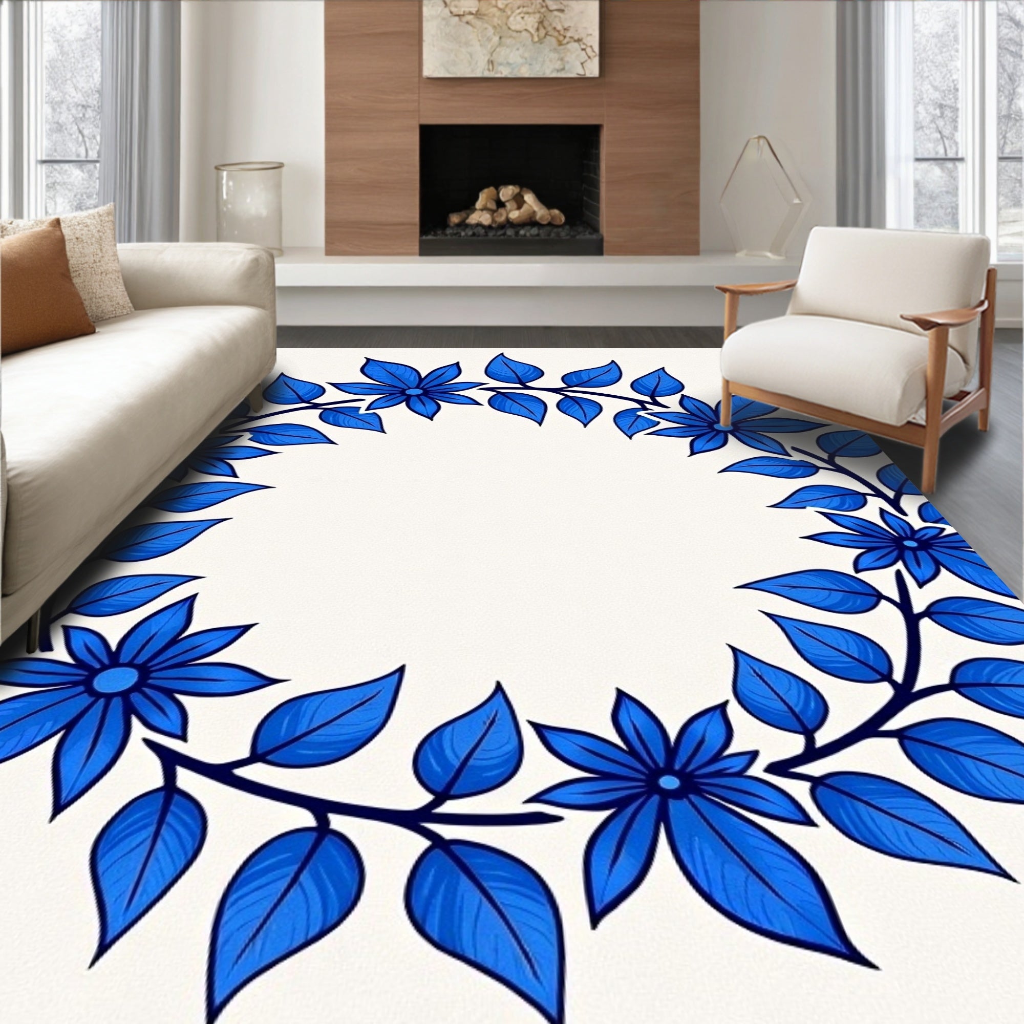 Vibrant Blue Floral Wreath Rug