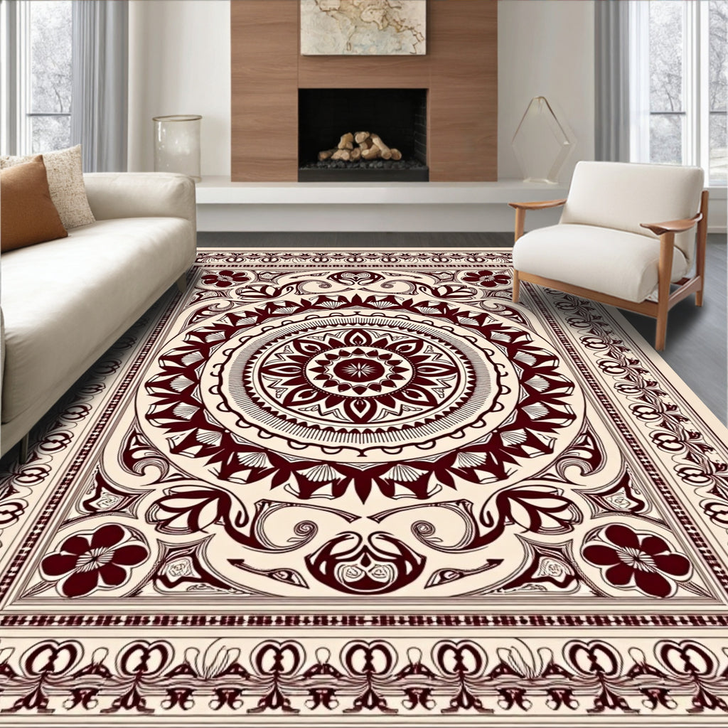 Ornate Crimson Sunburst Floral Rug